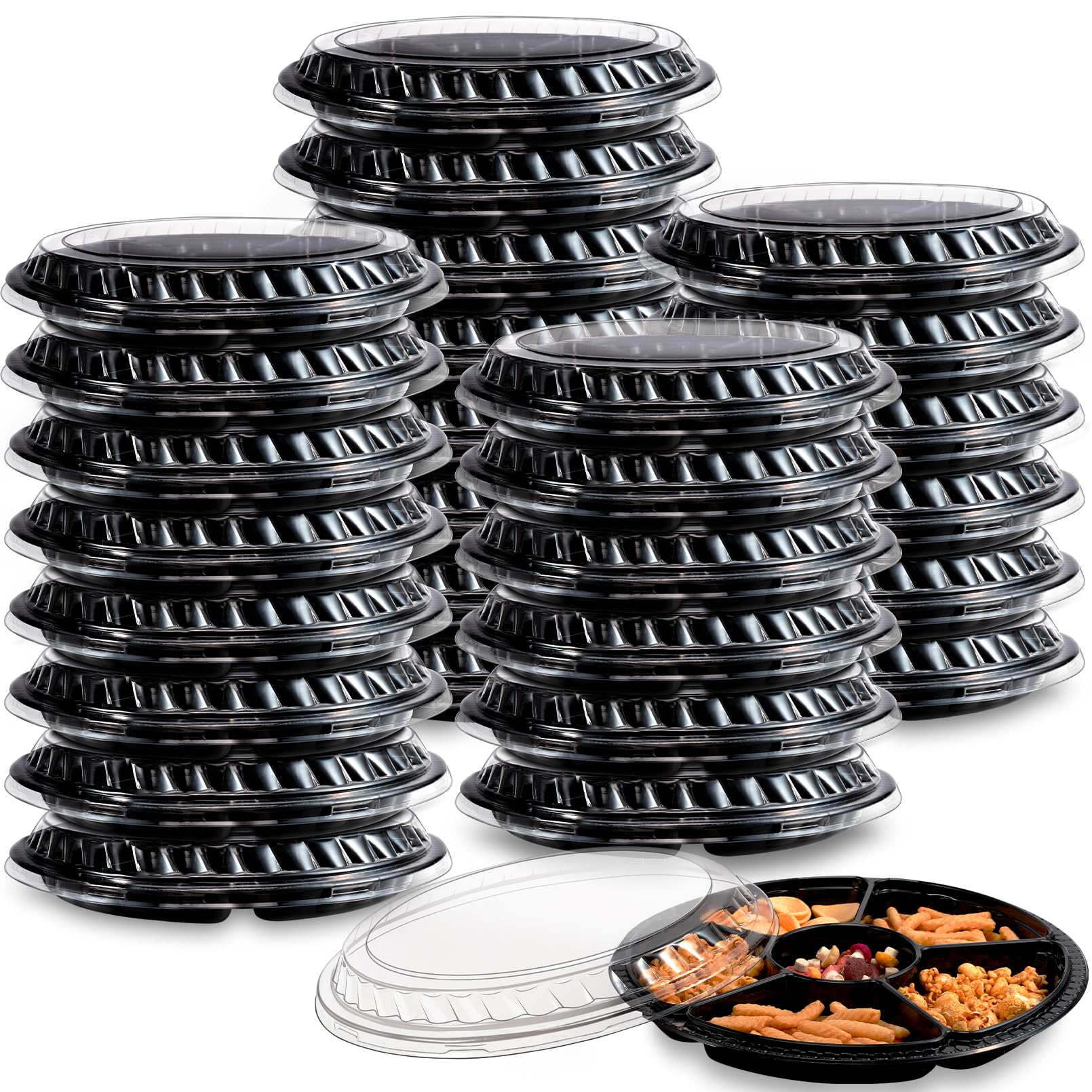 Lot de 30 plateaux à hors-d'œuvre avec couvercle, avec 6 compartiments séparés, plateaux robustes pour légumes, fruits, collations, plateau de service rond pour entrées, buffets de fête, noirs