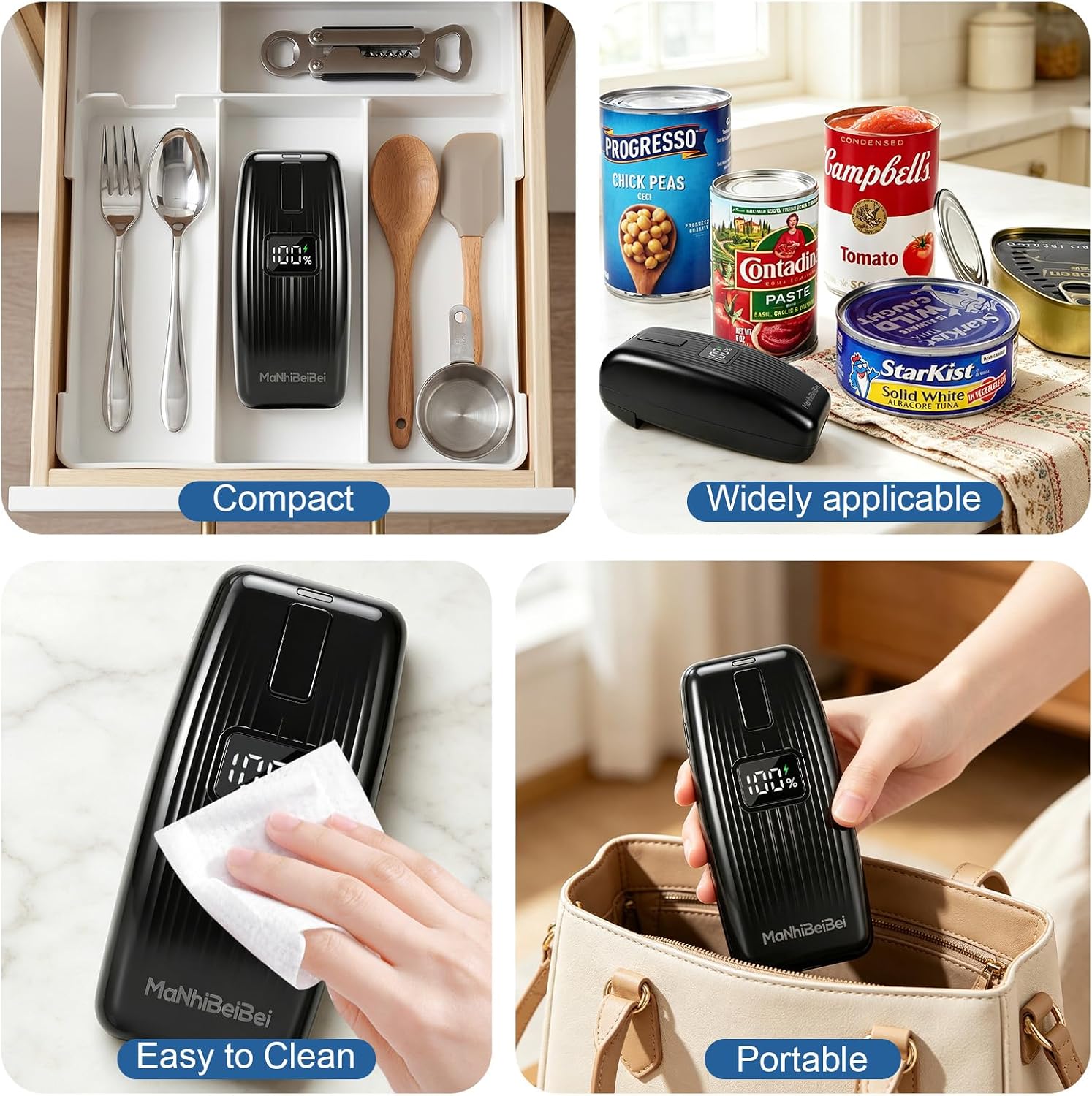 Electric Can Opener, LED Display USB Rechargeable, Automatic Hands-Free Smooth Edge, Compact Cordless, Kitchen Use for Seniors & Arthritis (Black)