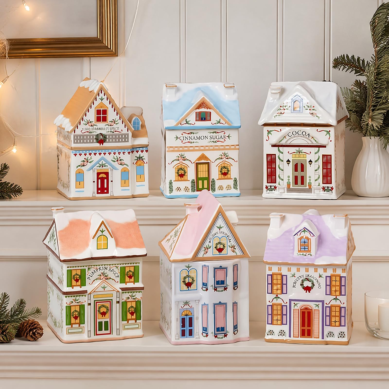 6-teiliges Mini-Weihnachts-Gingerbread-Häuser Gewürzdosen-Set aus Harz im Vintage-Stil, Festliche Dekoration für die Küchenarbeitsplatte, Klassische Gewürz-Dörferkollektion