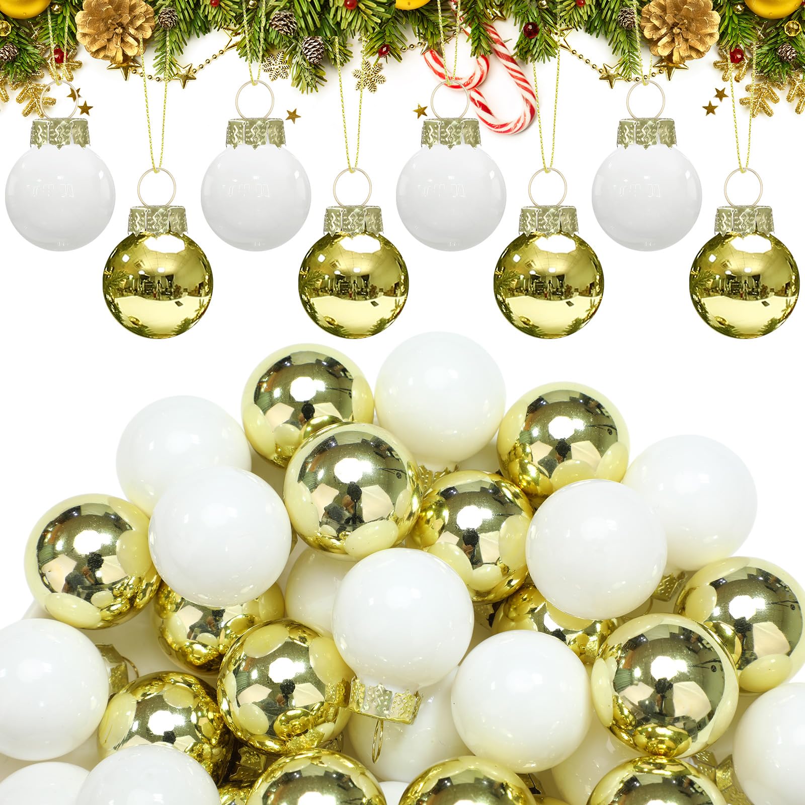 Tioncy 32 Pcs 1'' Mini Glass Christmas Ornament, Small Gold White Balls