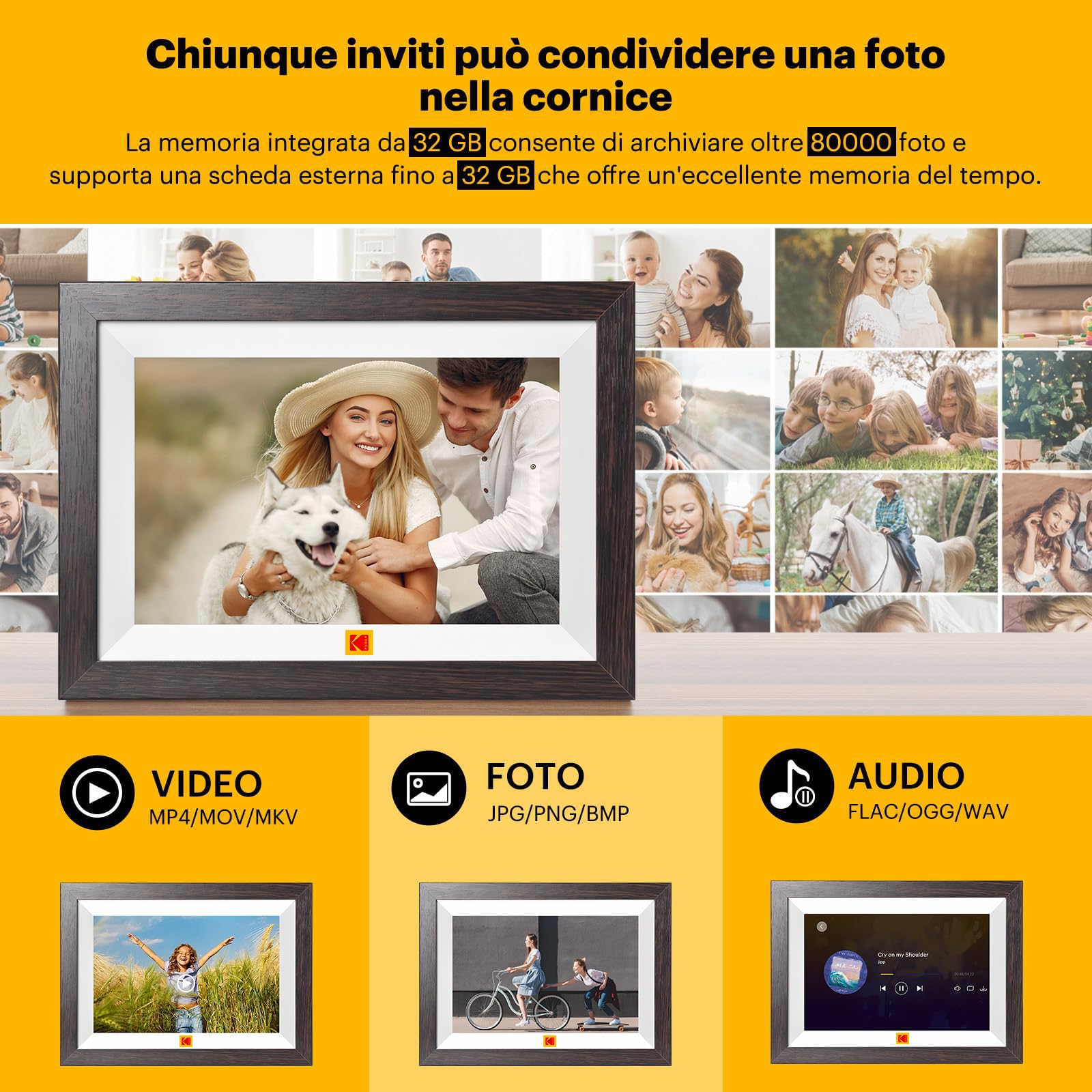 KODAK Cornice Digitale WIFI 10,1 Pollici，Cornice Foto Digitale con Schermo Touch IPS 1280 * 800 e 32GB di Memoria，Cornice Elettronica per Micro SD Card/USB, Rotazione Automatica