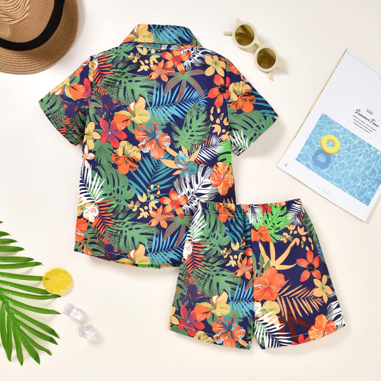 HINTINA Conjunto de pantalones cortos hawaianos de manga corta para bebé con estampado floral y hojas