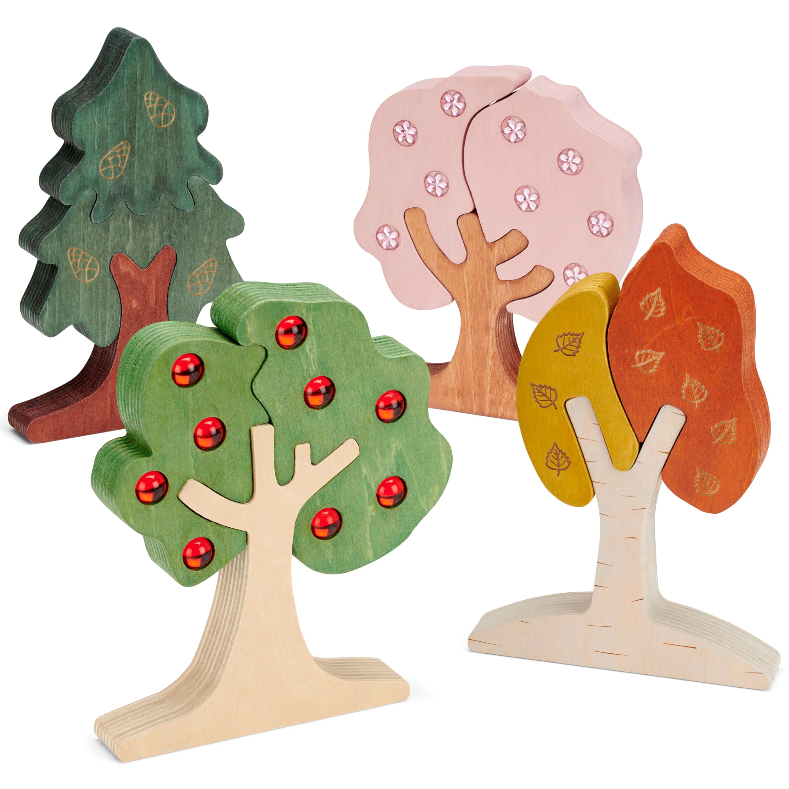 tickit seasonal gem trees puzzle – 12 pcs wooden seasonal trees puzzle with inset gems, FSC birch plywood sensory learning toy for nature exploration and early problem solving