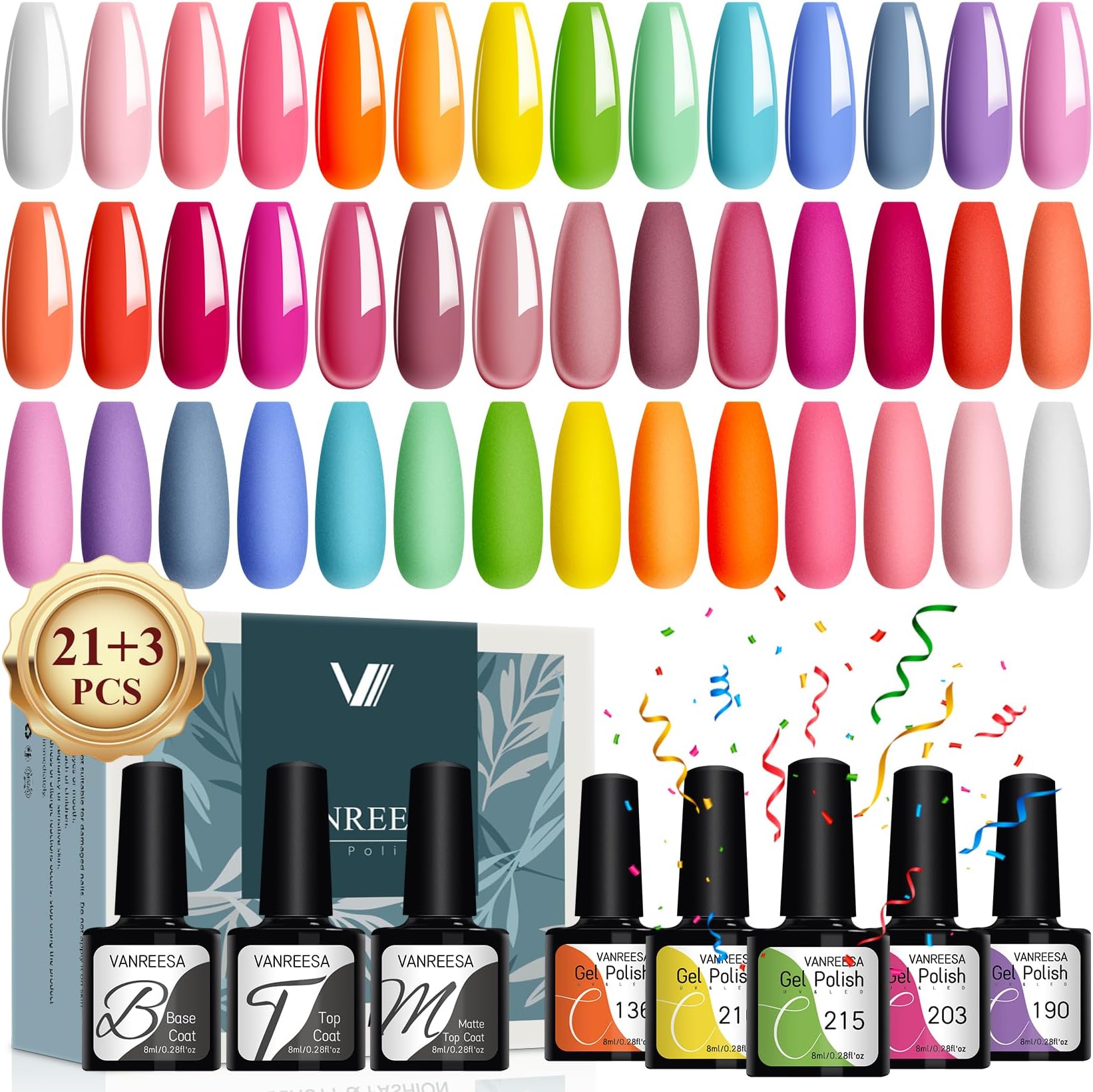 VANREESA 24 Pcs Gel Nail Polish Set 21 Popular Colors Gel Nail Polish Base Coat Glossy & Matte Top Coat White Pink Green Blue Purple Nail Kit Gifts for Women DIY at Home