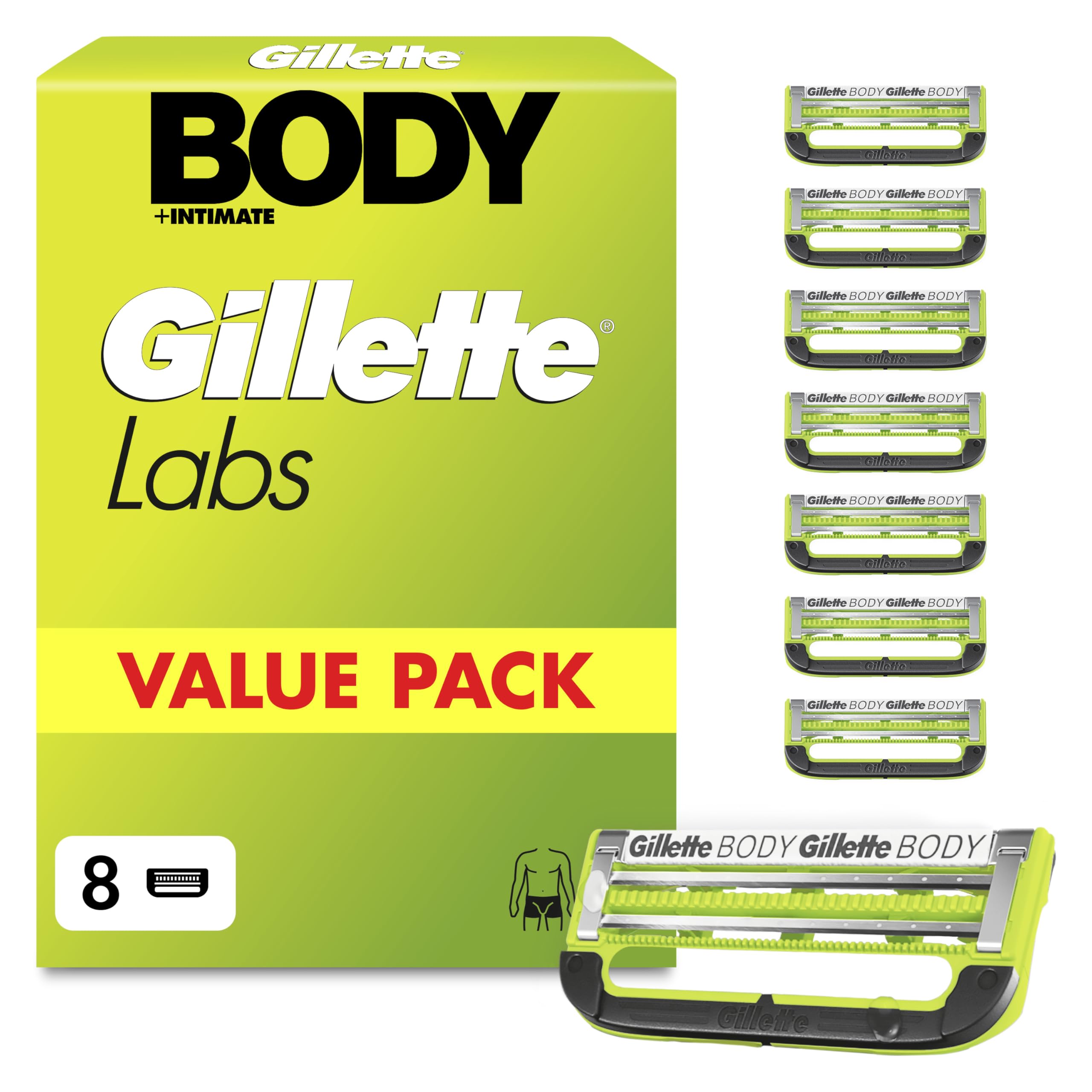 Gillette Labs Body + Intimate Lames de Rasoir Homme, Pack de 8 – Cartouches de Rasage pour la Zone Intime et le Corps, Tête à 2 Lames Très Espacées, Barre Anti-Poils Incarnés et Irritation