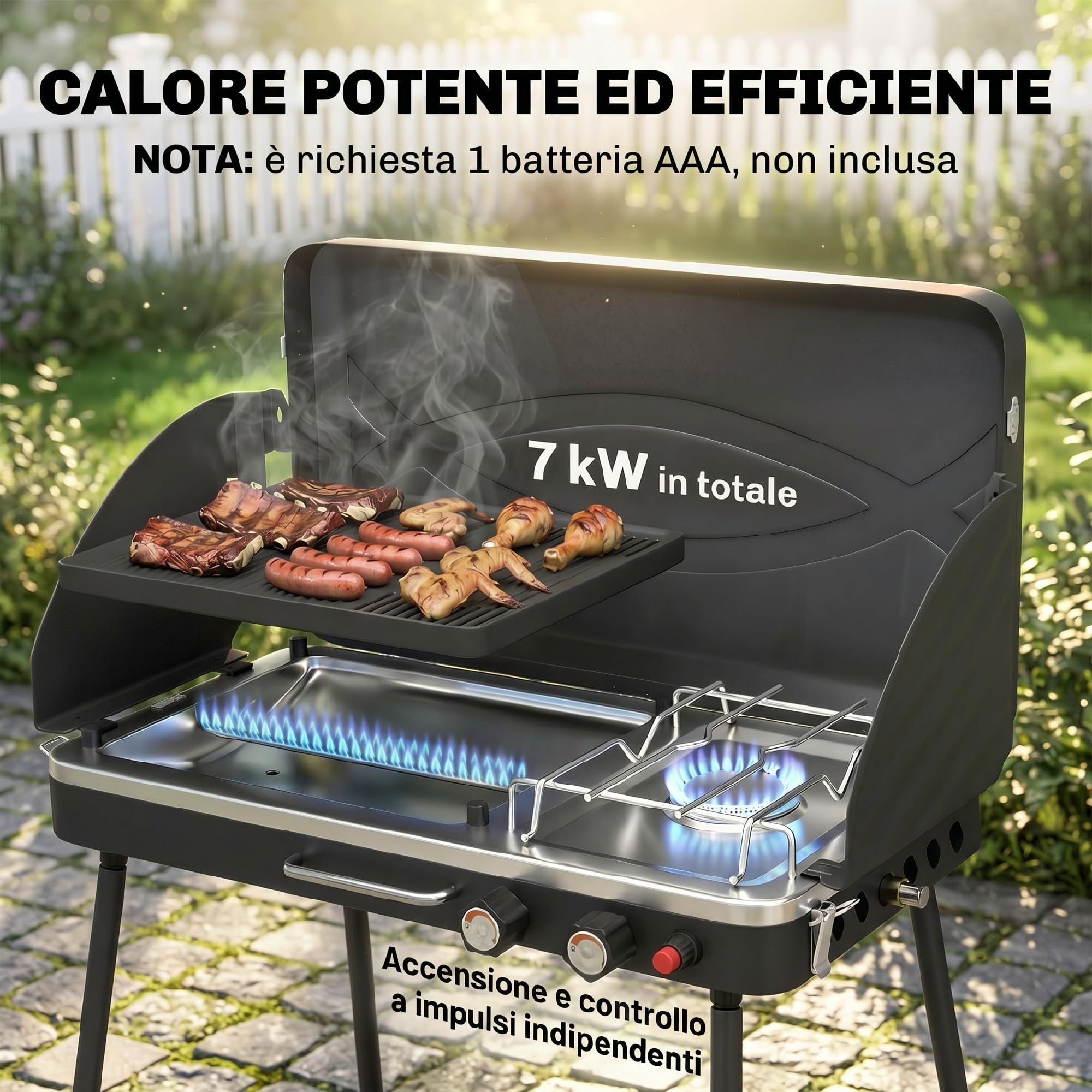 Outsunny Gasgrill Campingkocher 2 in 1 tragbar schwarz | 2 Brenner 7 kW, LPG-Gasgrill mit Platte, abnehmbare Beine, Windschutz, Griff, für BBQ Picknick Garten
