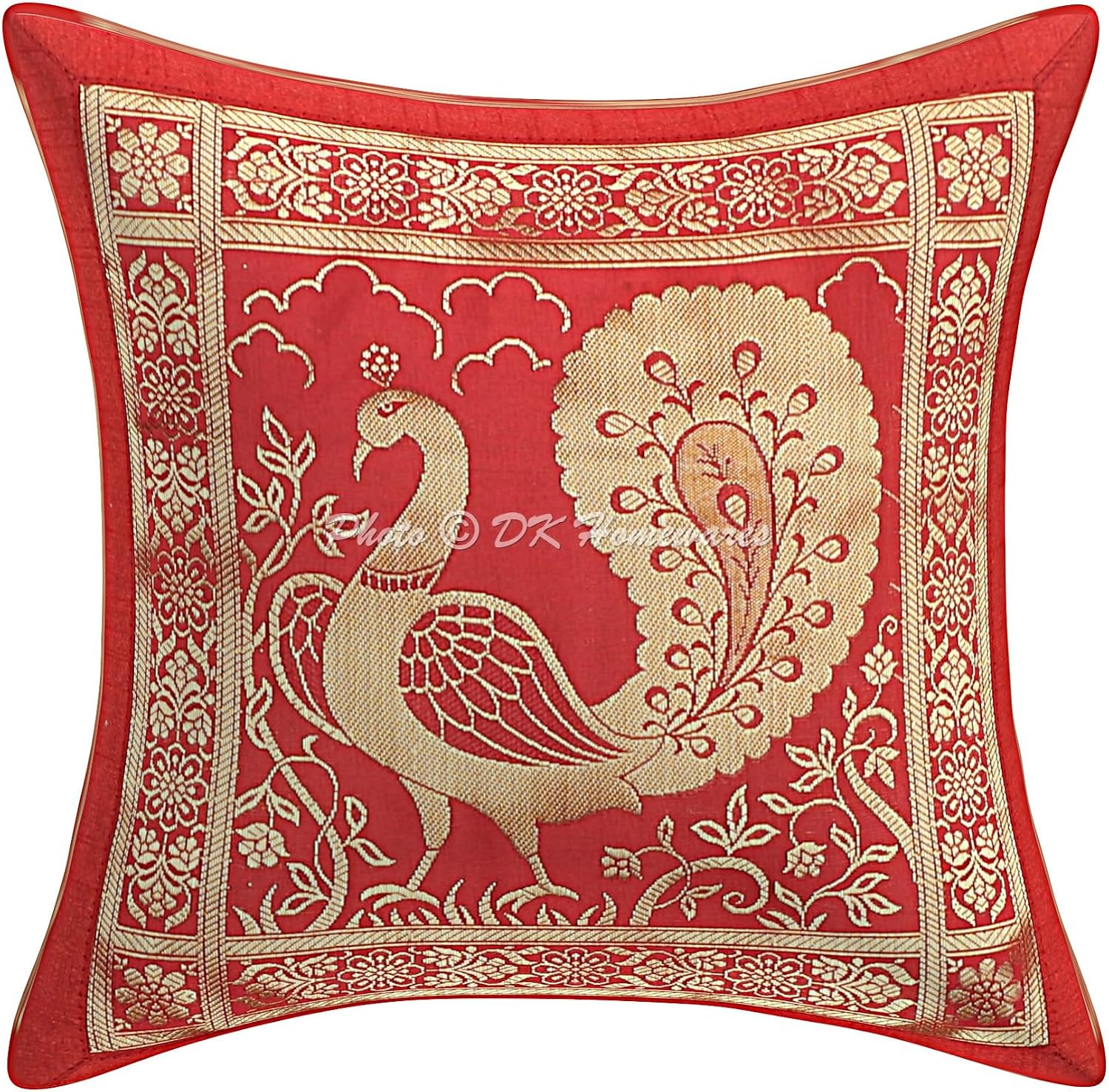Indian Throw Pillow Covers 12x12 Inch Brocade Jacquard Weave Ethnic Square Peacock Cushion Covers (Size - 30x30 cm ; Color: Red & Gold) - Set of 5 Pcs (Cover Only)