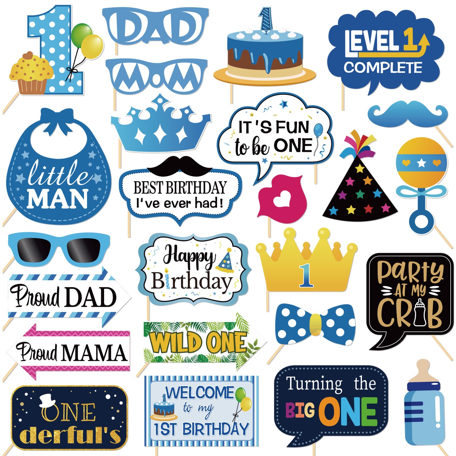 Boy 1st Birthday Photo Booth Props, 25Pcs It's a Boy Baby Shower Selfie Props Favors Supplies, Gender Reveal Party Decorations