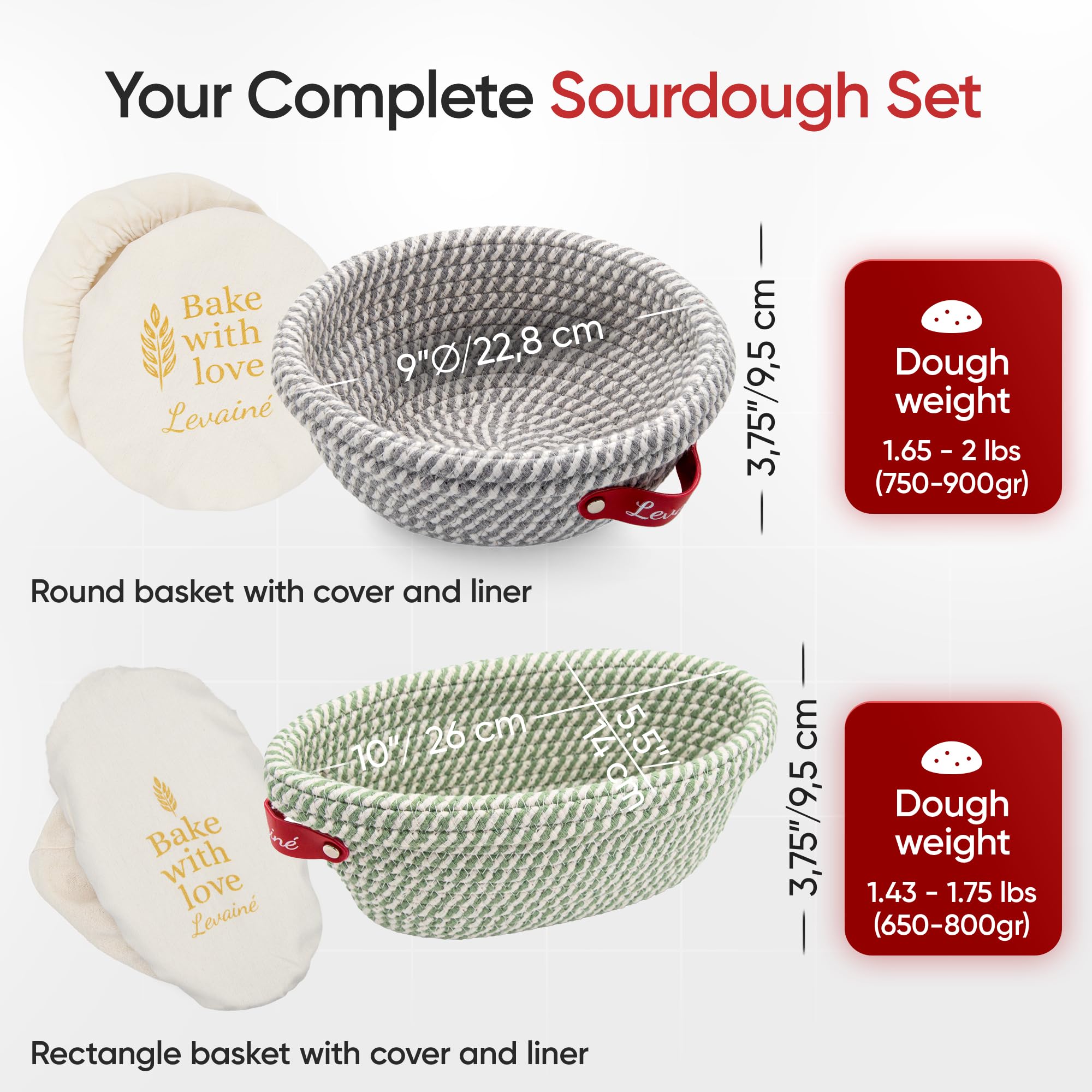 Banneton pour Pain 2er Set – Panier à Pain Ovale & Rond en Corde de Coton avec Housses Lavables | Panier Pain & Banneton Boulangerie pour Levain, Kit Pain Maison & Artisan Baguettes