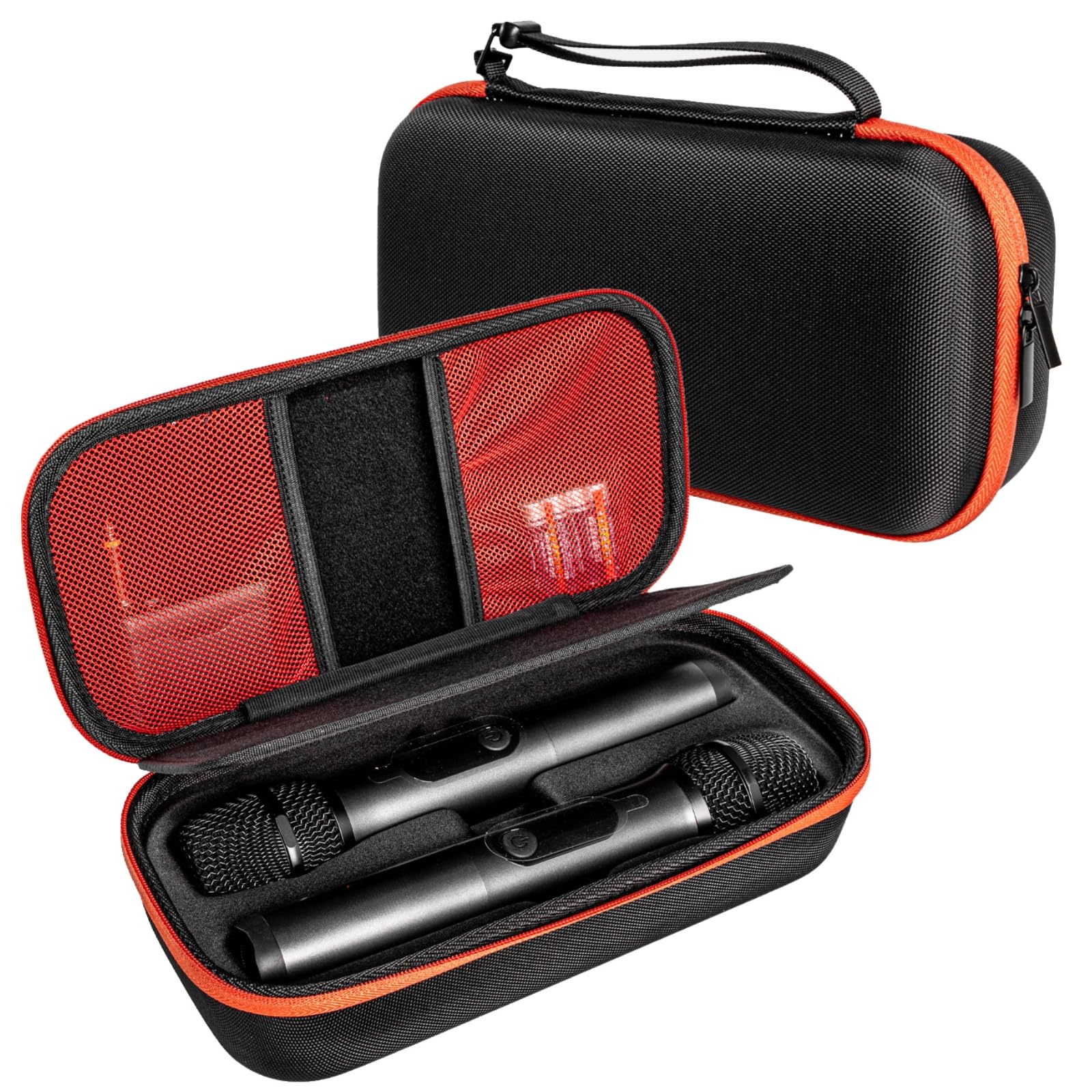 Packool Red + Black Microphone Case, Wireless Microphone Case For Jbl Party Box, Black Eva Hard Shell, Fits Two Microphones, Portable With Orange Zipper, 258.5 X 18.5 X 8 Cm