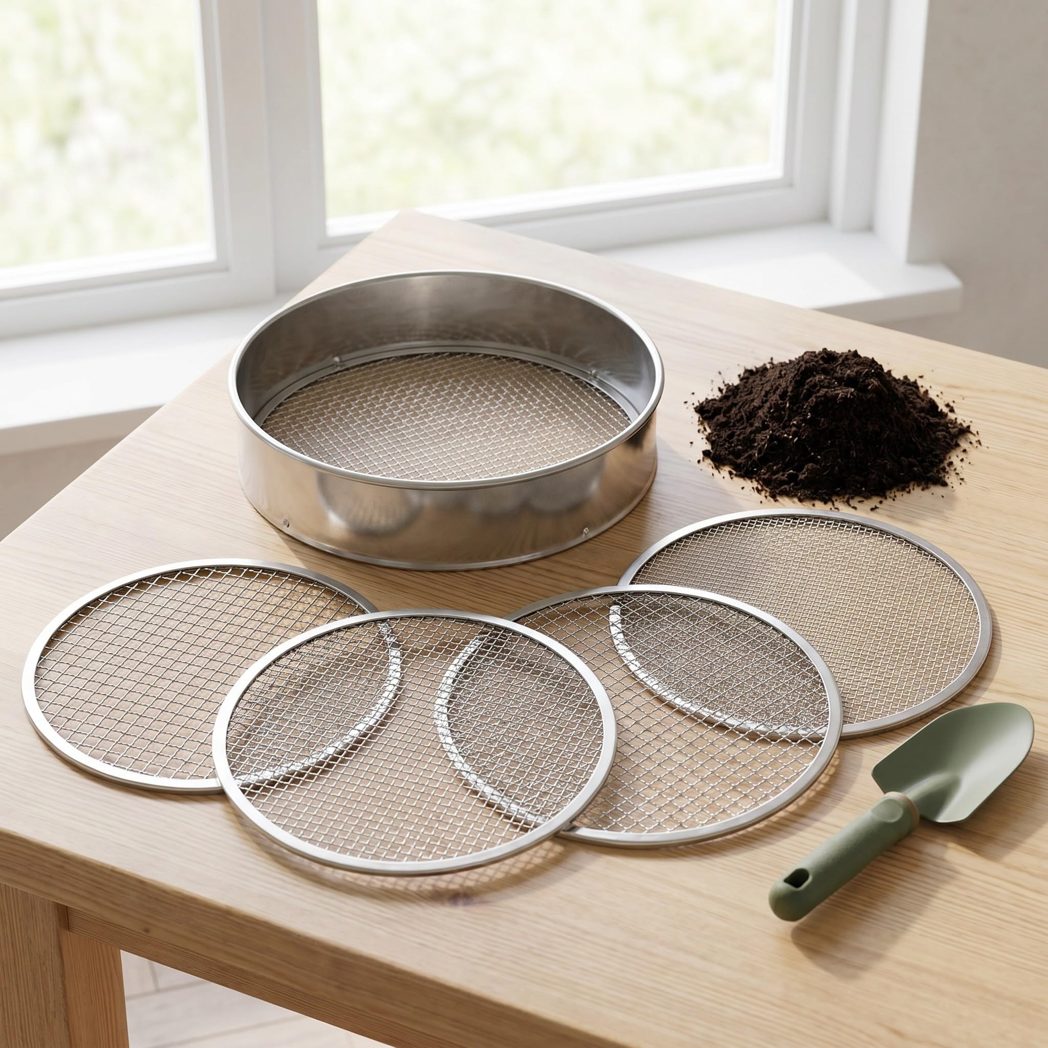 Lurrose 1 Set Setaccio per terriccio da giardino, setaccio da giardino in acciaio inox con rete di ricambio da 3, 6, 9, 12 mm per setacciare terriccio, sabbia, ghiaia e terra.