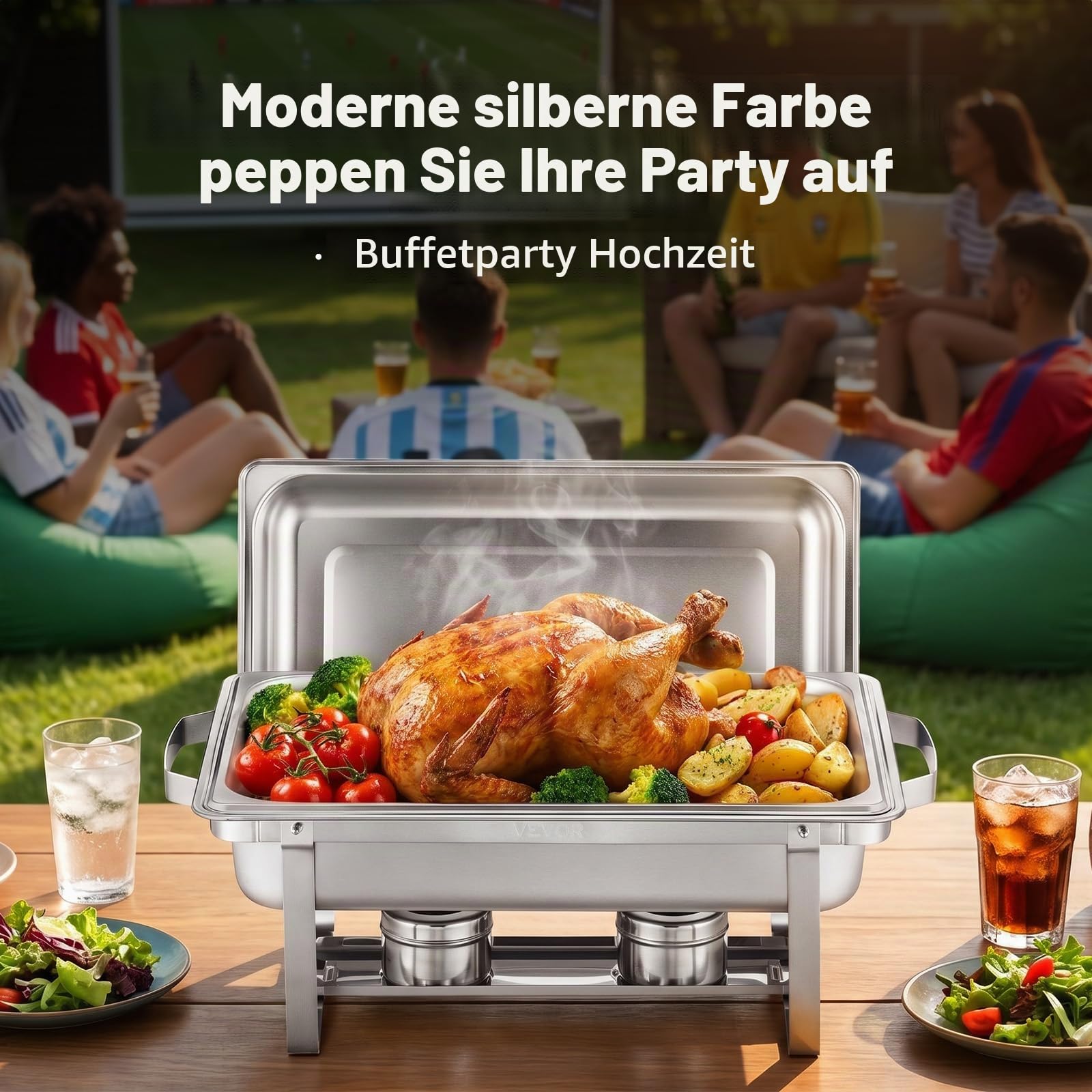 VEVOR Chafing Dish Buffet-Set 4 Stk Edelstahl-Speisenwärmer mit 4 Pfannen in voller Größe (7,5 L), rechteckiger Catering-Wärmespender mit Deckel & Wasserpfannenständer & Brennstoffhalter Buffer Silber