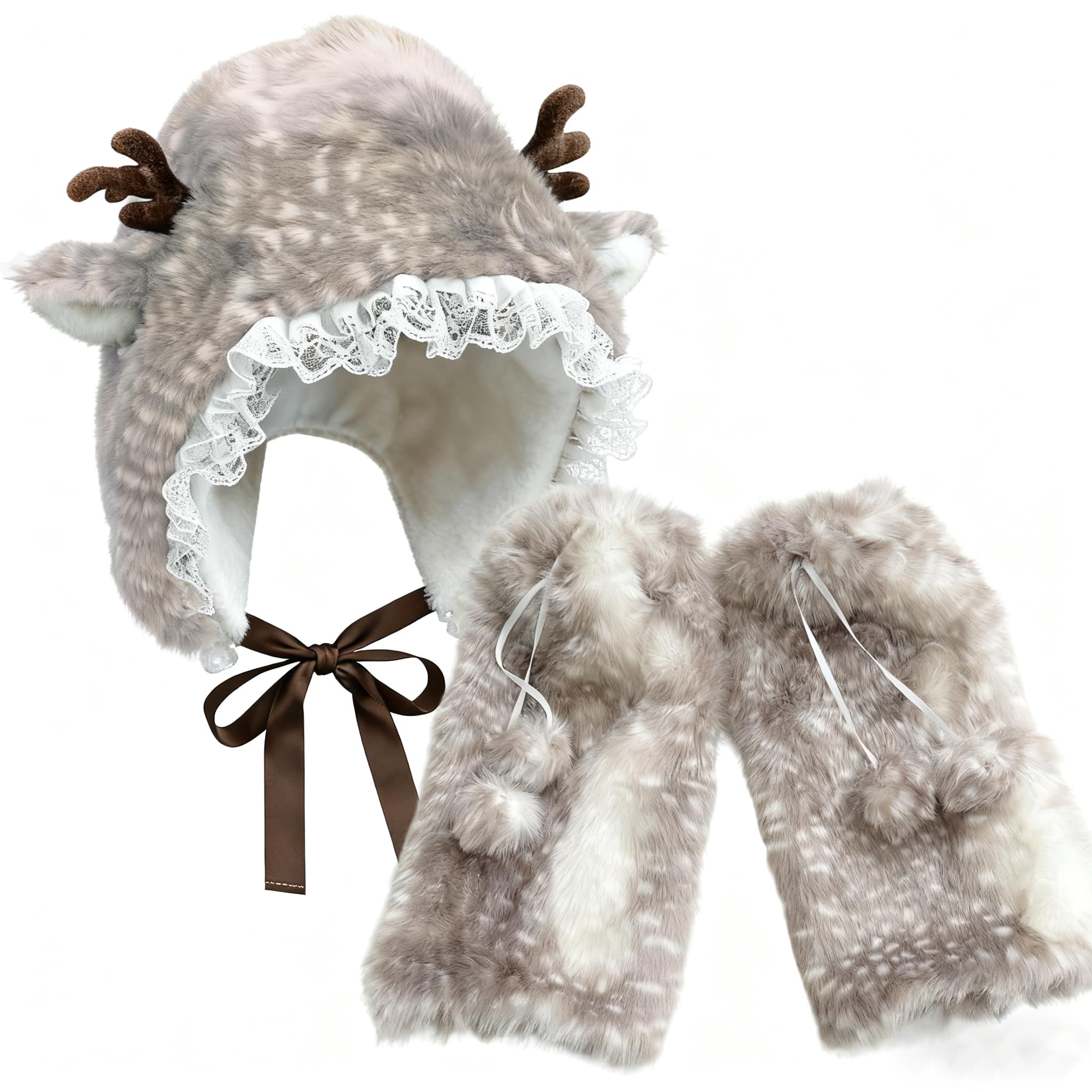 Deer Leg Warmers Fur Deer Print Leg Warmers for Women with Head Wrap Soft Thicken Christmas Accessories