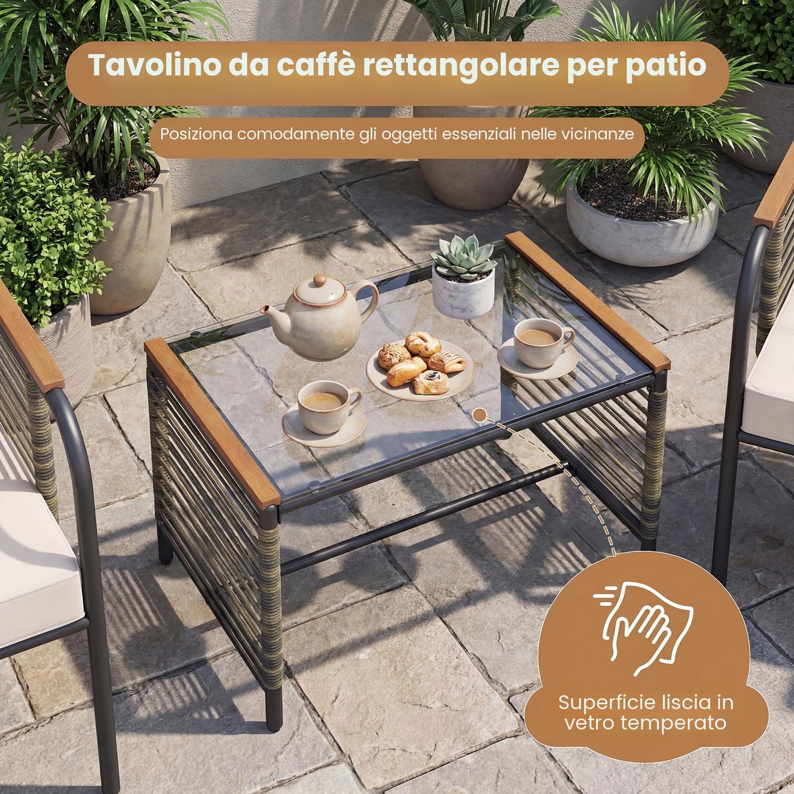LIFEZEAL Set di Mobili da Giardino in Rattan 5 Pezzi, Arredamento per Balcone con Cuscino e Tavolino, Set di Sedute con Poltrone, Pouf, per Terrazza, Balcone, Giardino (Beige, 5 Pezzi)