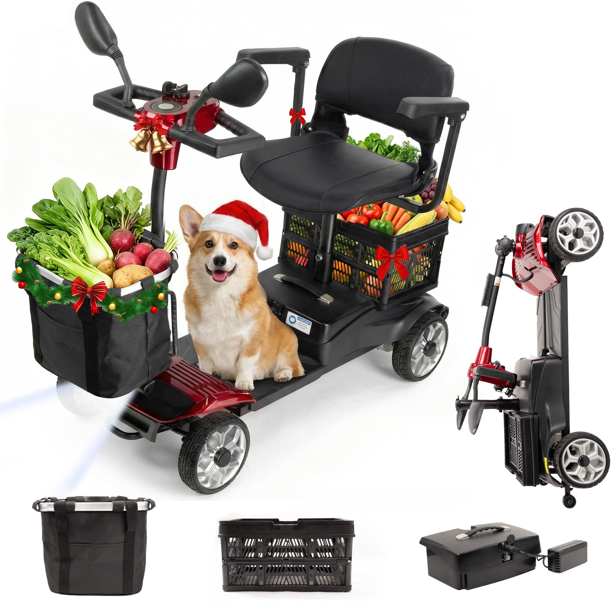 4 Wheel Mobility Scooter for Seniors &amp; Adults, Foldable Portable Motorized Electric Scooters with Removable Battery for 15 Miles Travel, 330 LB Capacity, Dual Baskets &amp; Rotating Seat (Red)