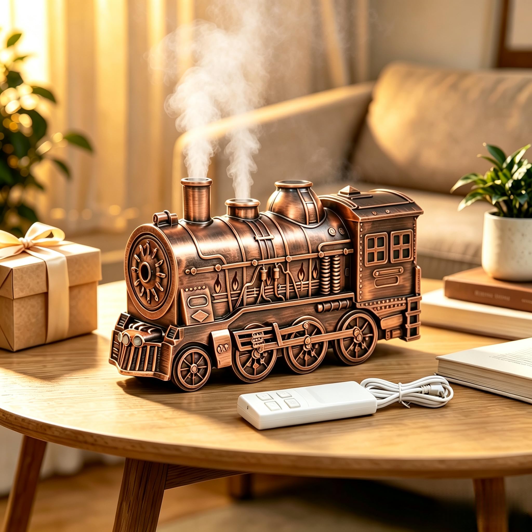 Diffuseur d'huiles essentielles Train - 300 ml - Avec télécommande - Arrêt automatique - Pour la maison ou le bureau - Couleur cuivre