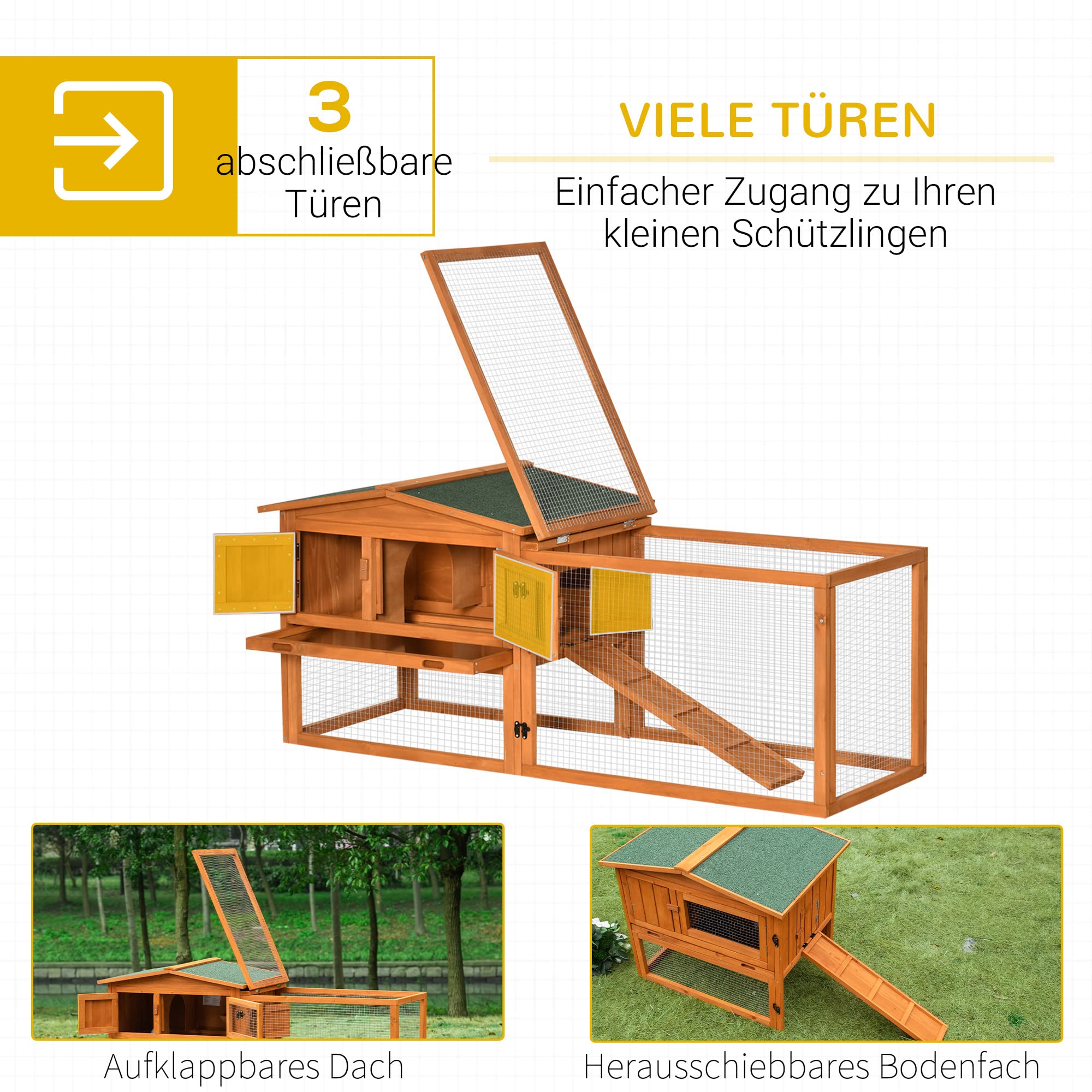 PawHut Hasenstall 2 Ebenen Wetterfest Kaninchenstall aus Holz mit Freilaufgehege Herausnehmbarem Tablett mit aufklappbarem Deckel Sichtfenster 156x58x68 cm Kaninchenkäfig für Indoor Outdoor Orange