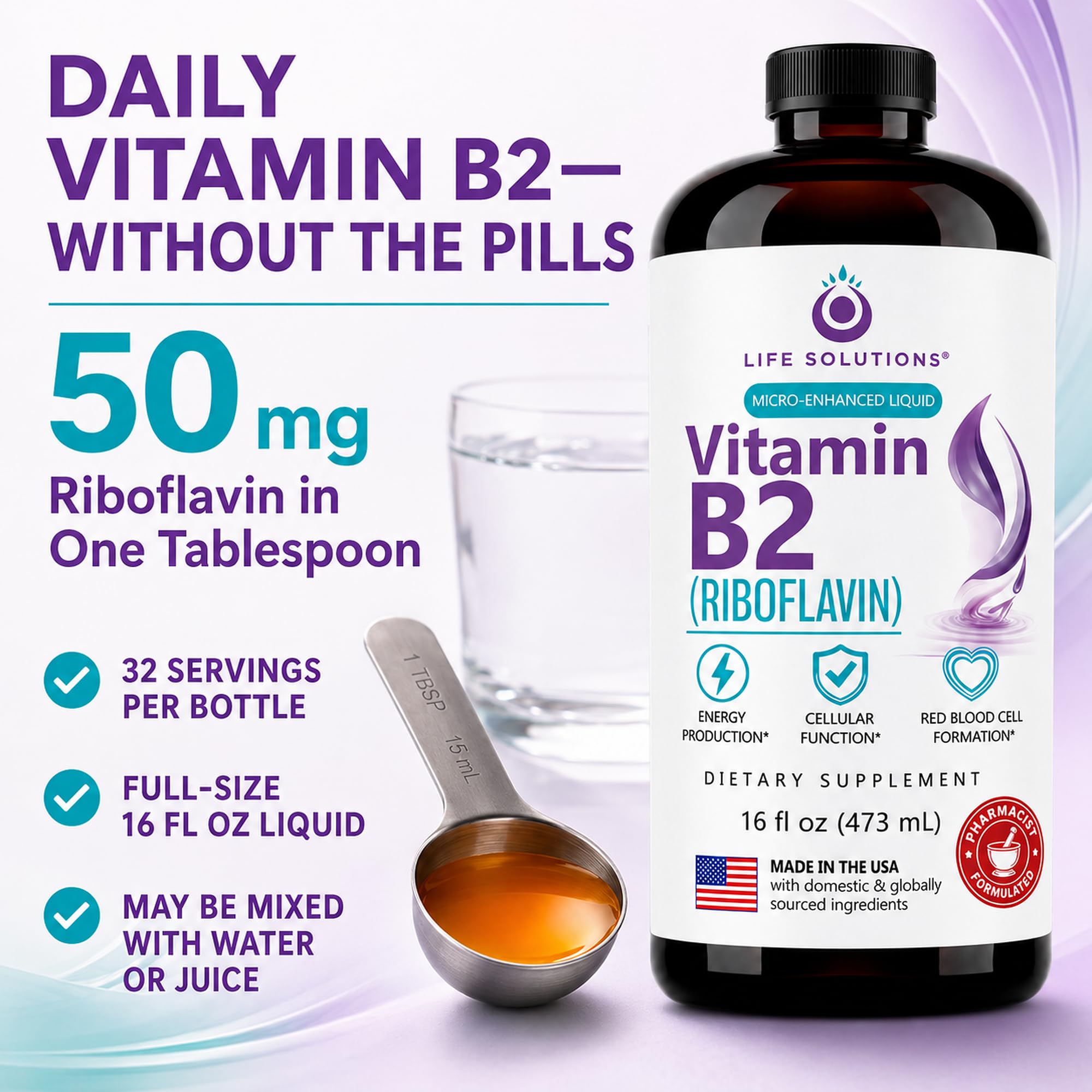 Life Solutions Vitamin B2 (Riboflavin) Liquid, 50 mg, 32 Servings, 16 Fl Oz — Amazon image 3