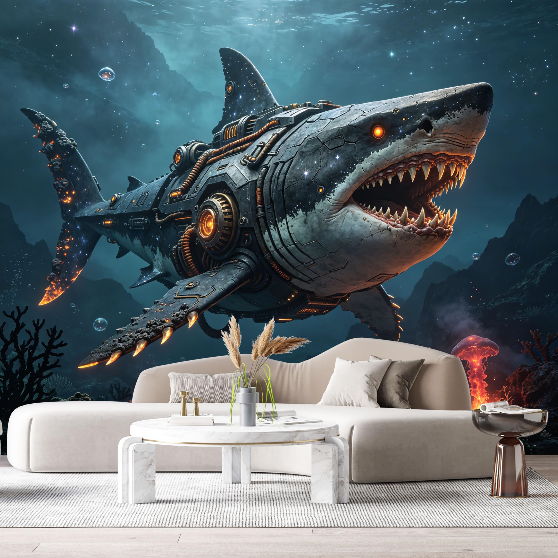 Custom Size Wall Mural Mechanical Aquatic Predator Deep Sea SciFi Mech Submarine Futuristic Industrial Style SelfAdhesive Art Prints Removable Large Wallpaper Esports Game Tenant Room Studio