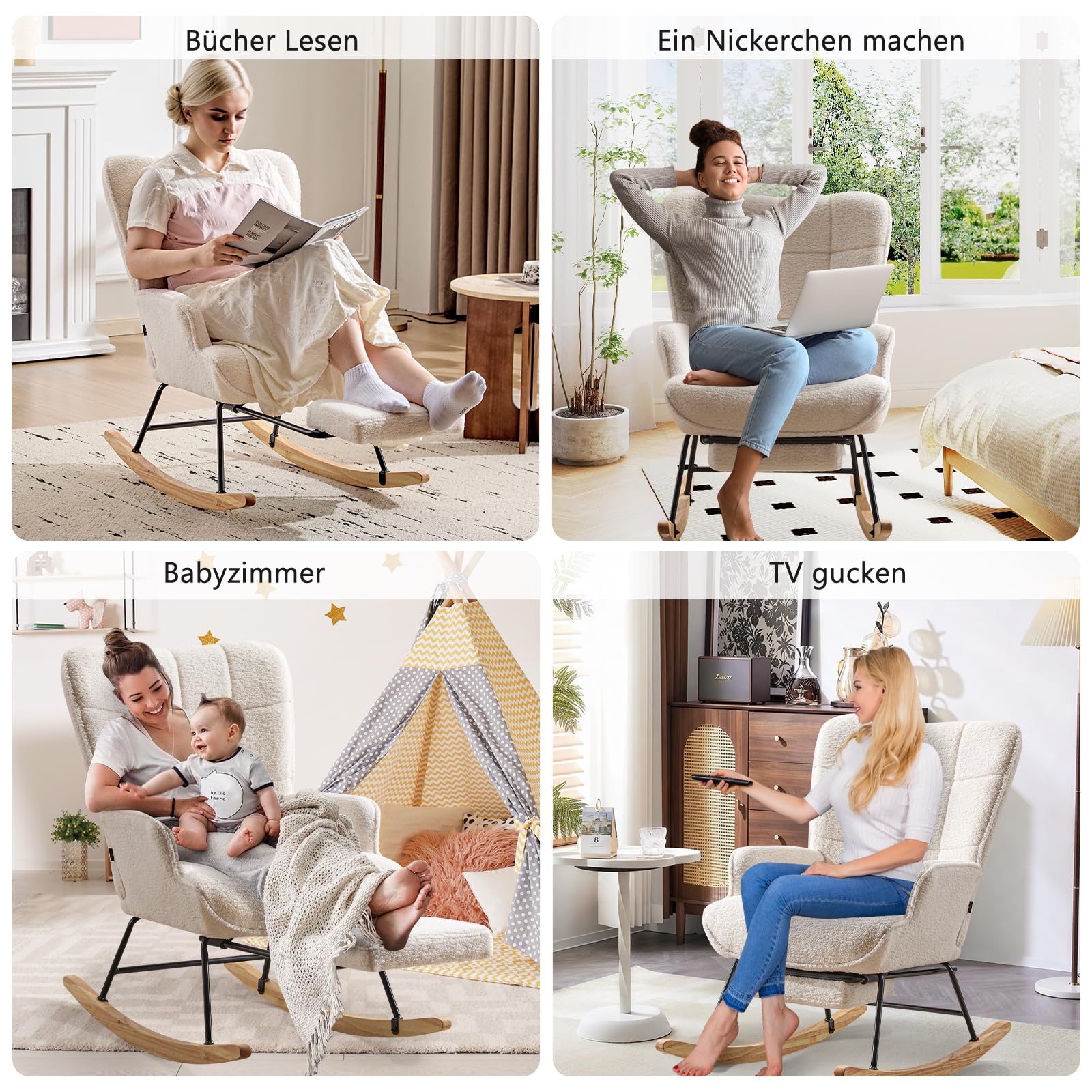 Schaukelstuhl mit Fußstütze, Schaukelsessel mit Fußstütze, Teddystoff Gepolsterter Lesesessel Relaxstuhl Sessel mit Holzkufen für Wohnzimmer Schlafzimmer, Elfenbeinweiß
