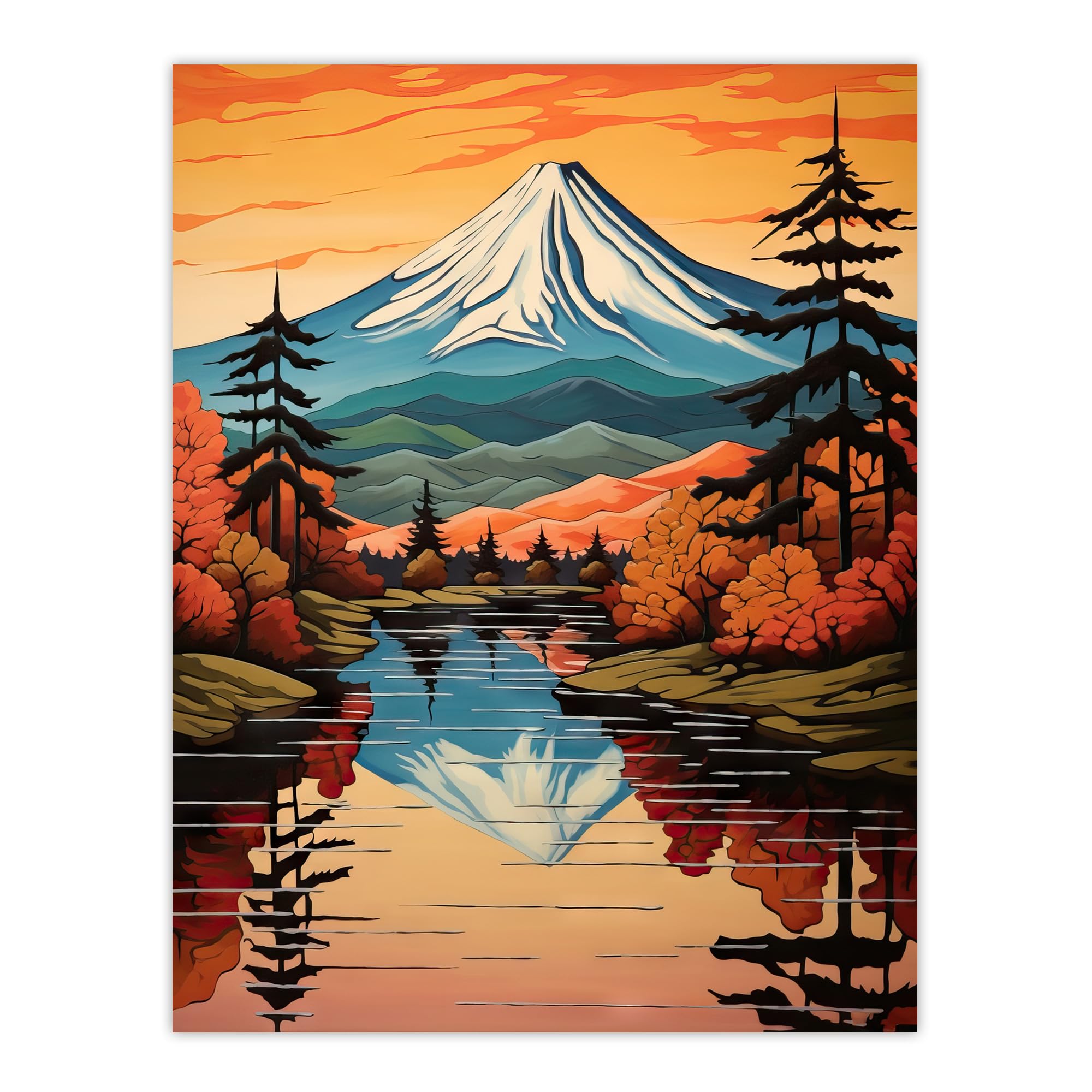 Artery8 Mount Fuji Reflecting In Lake Kawaguchi Waters Oil Painting Autumn In Japan Sacred Volcano Mountain Large Wall Art Poster Print Thick Paper 18X24 Inch