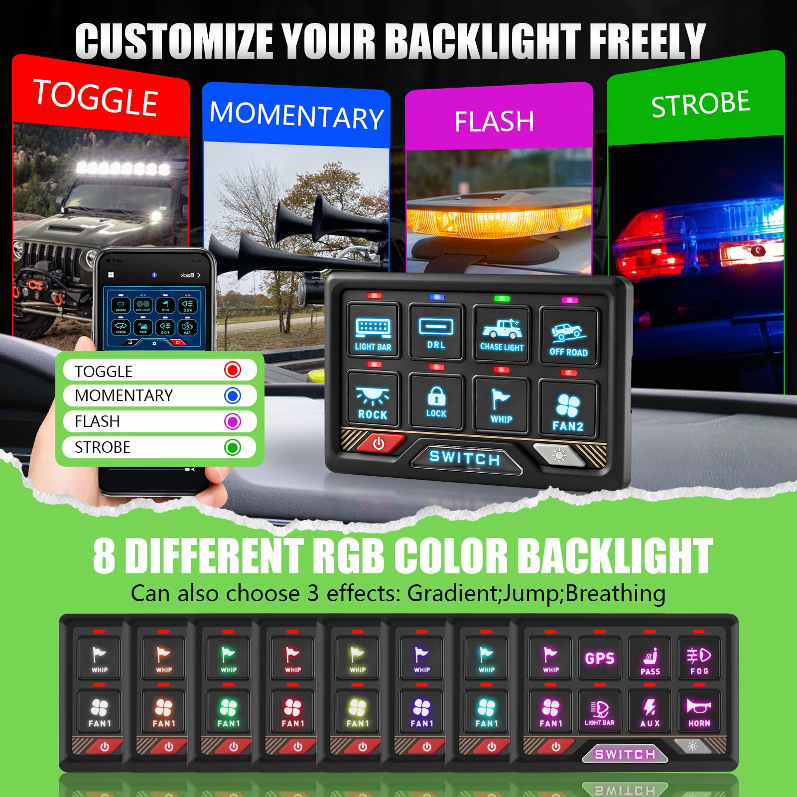 Chelhead Pannello interruttori RGB 8 vie, telecomando 70 m con app Bluetooth, flash momentaneo stroboscopico, pannello interruttori 12 V impermeabile IP65, retroilluminato