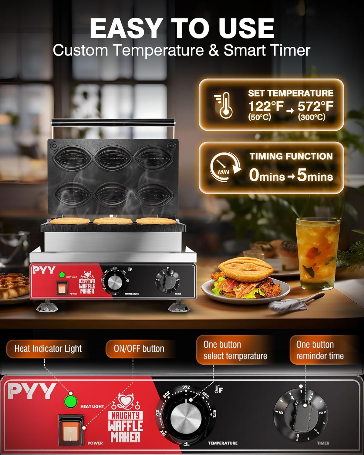 PYY Waffle Maker Abalone Shape Nonstick Commercial 6pcs, Waffle Machine Electric Stainless Steel Temperature and Time Control With Removable Plates for Restaurant Snack Bar Party,110V 1600W