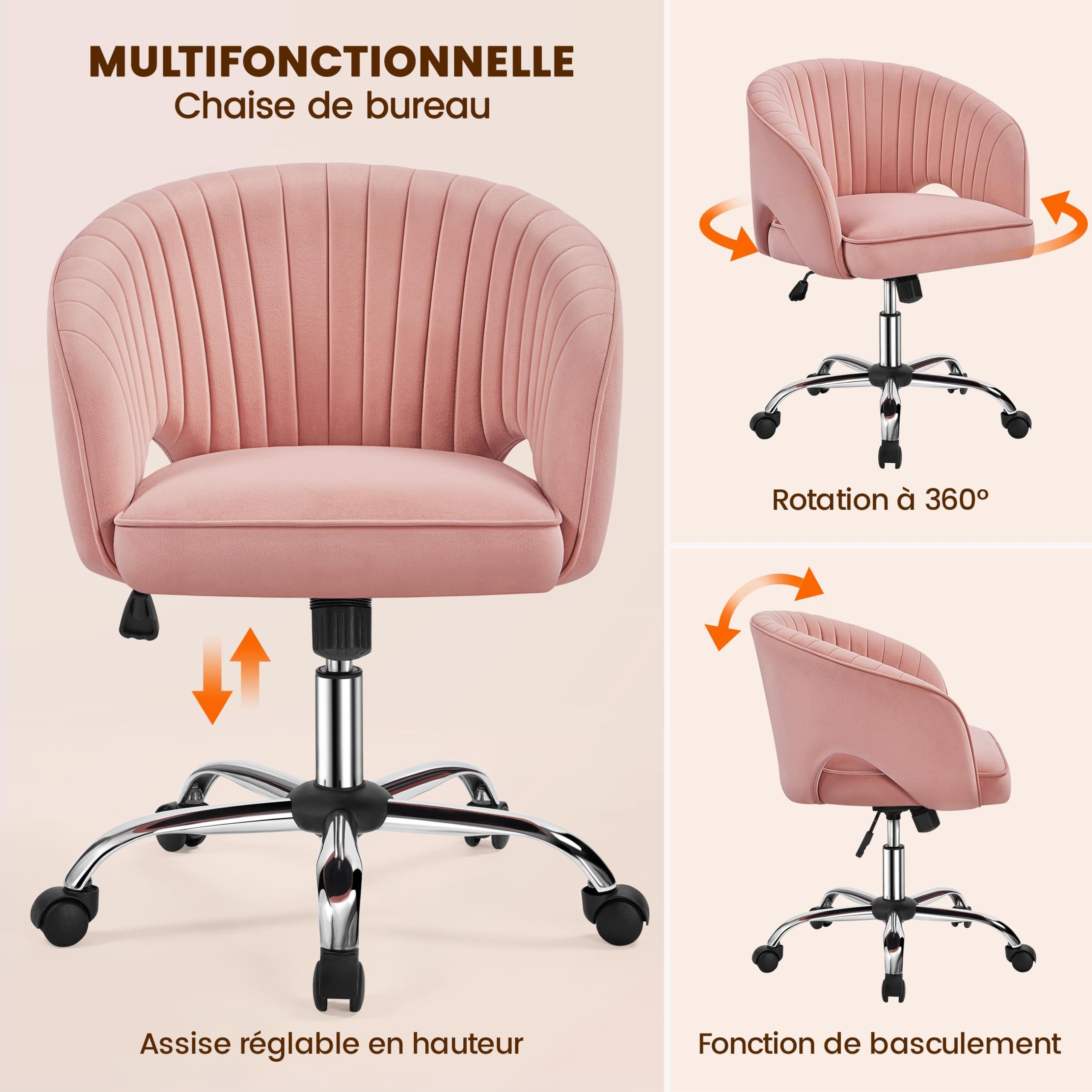 Abician Fauteuil d'ordinateur en Velours à roulettes avec Dossier Capitonné Arrondi Assise Réglable en Hauteur pour Salon Chambre Bureau Rose