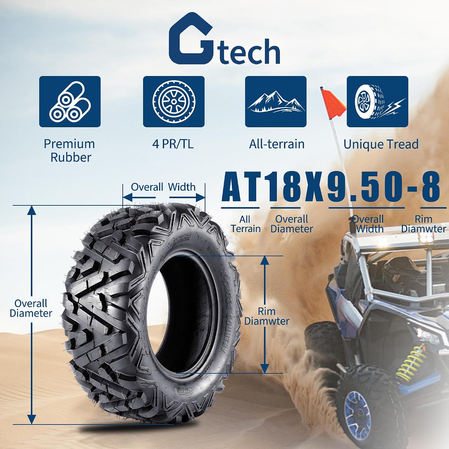 GarveeTech 2PCS Sport ATV Tires 18x9.5-8 - Versatile Lawn Mower & Off-Road Performance - 4PR Turf Tires for Sand and Mud Trail, Set of 2, Tubeless
