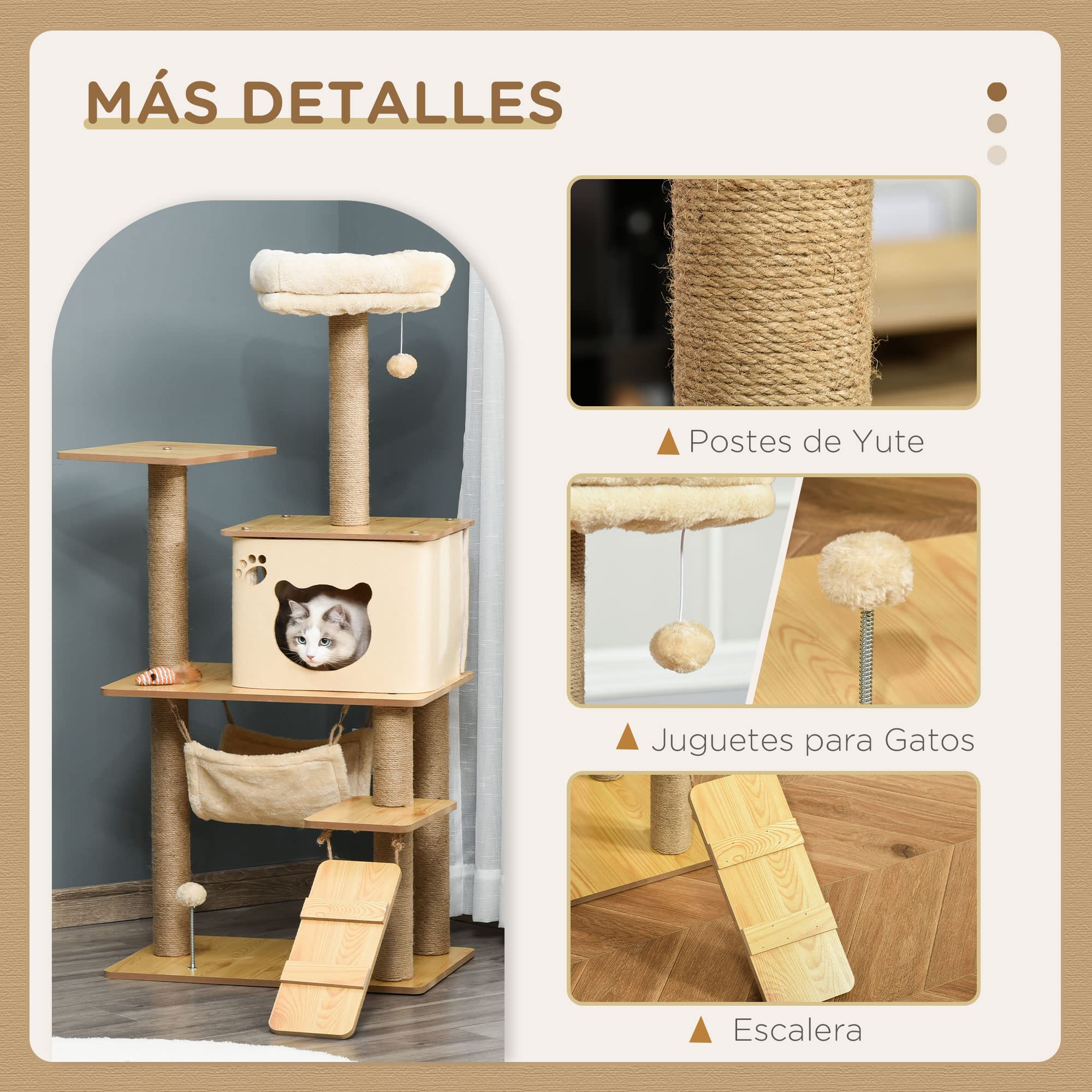 PawHut Árbol Rascador para Gatos 130 cm con 5 Plataformas, Hamaca, Beige | Árbol para Gatos, Escalera, Cueva, Postes de Yute, Bola Colgante