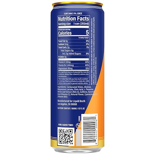 Miniatura 2 de Liquid Death Energía con gas, horror naranja (sabor a naranja y crema), bebida energética sin azúcar, cafeína moderada 100 mg, vitaminas esenciales,