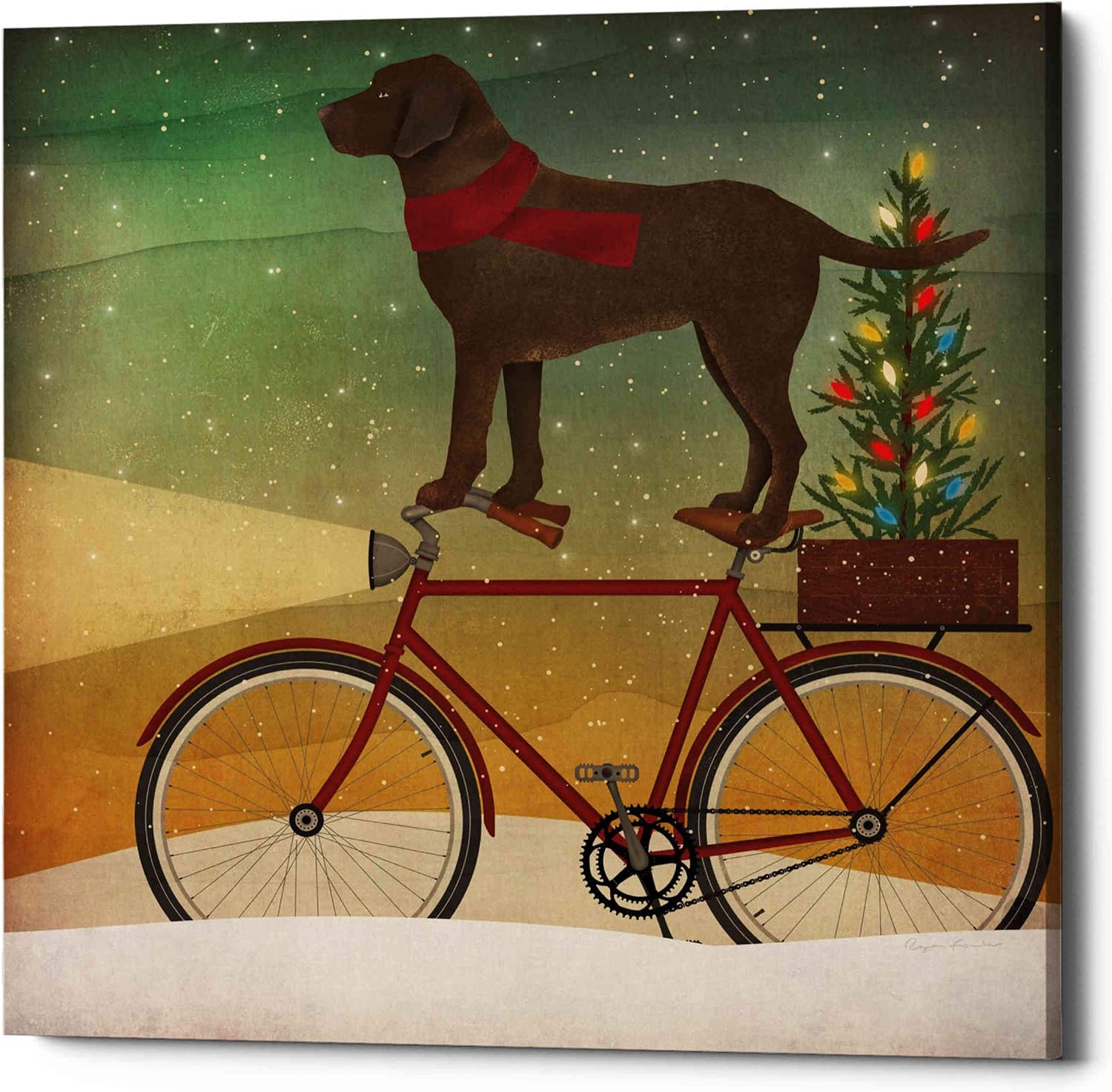 Epic Graffiti 'Brown Lab on Bike Christmas' by Ryan Fowler, Canvas Wall Art, 12"x12"