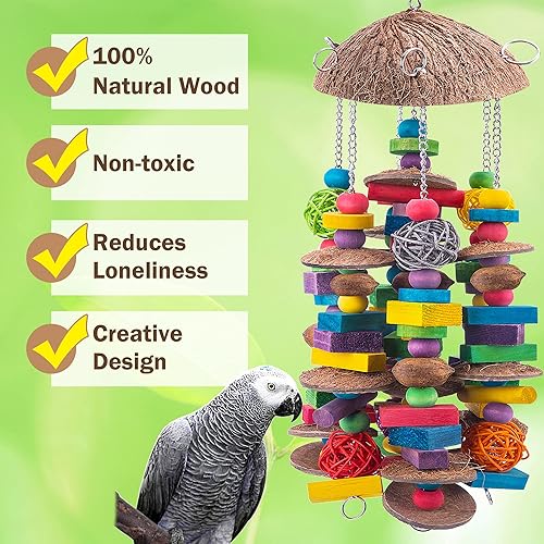 Miniatura 4 de EBaokuup Juguetes grandes para loros de pájaros, bloques de madera coloridos para masticar pájaros, jaula de loro, juguete para picar guacamayos,
