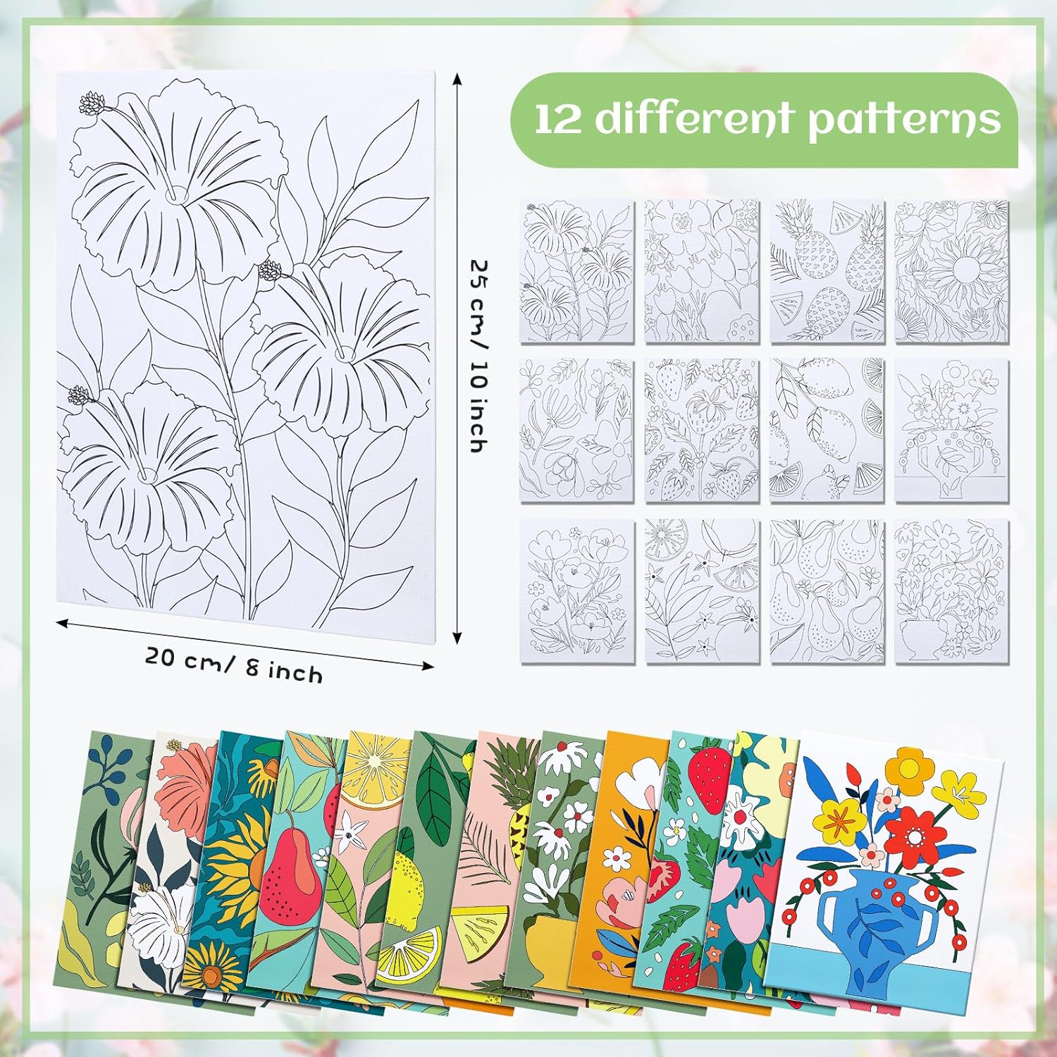Tinlade 12 Pcs 7.9 x 9.8 Inch Pre Drawn Canvases for Painting Pre Stretched Canvas DIY Coloring Outline Painting Boards for Beginners Adults (Flower Posters)