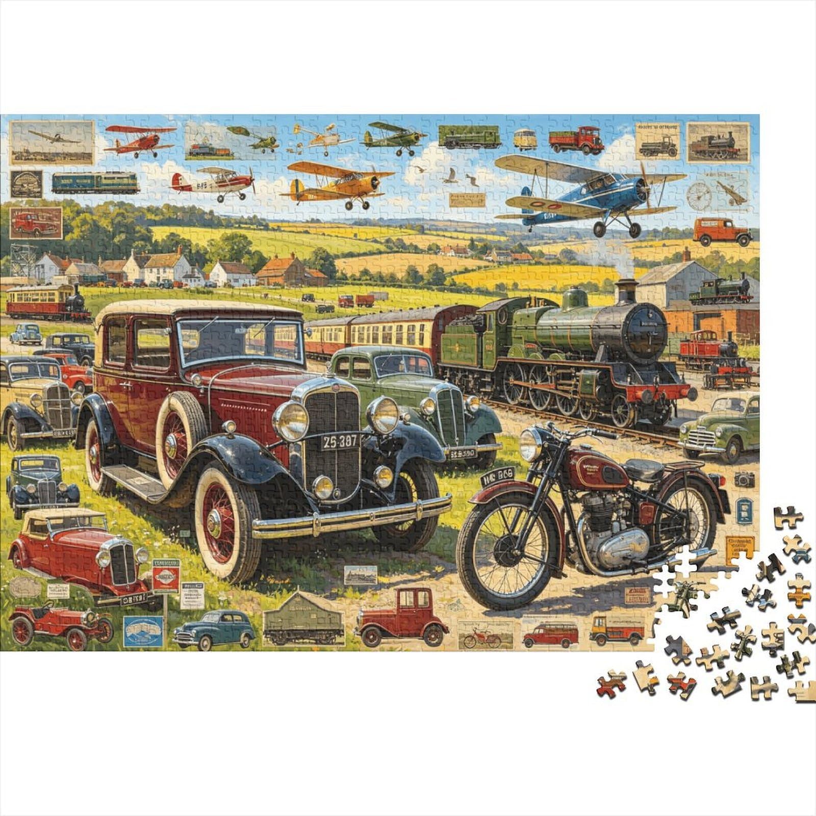 Vintage Car Show Jigsaw Puzzles 1000 Piece Recycled Classic Motors Puzzle for Adults Puzzle Game Props Impossible Hard Difficult Challenging Fun Game 38x26cm/1000pcs