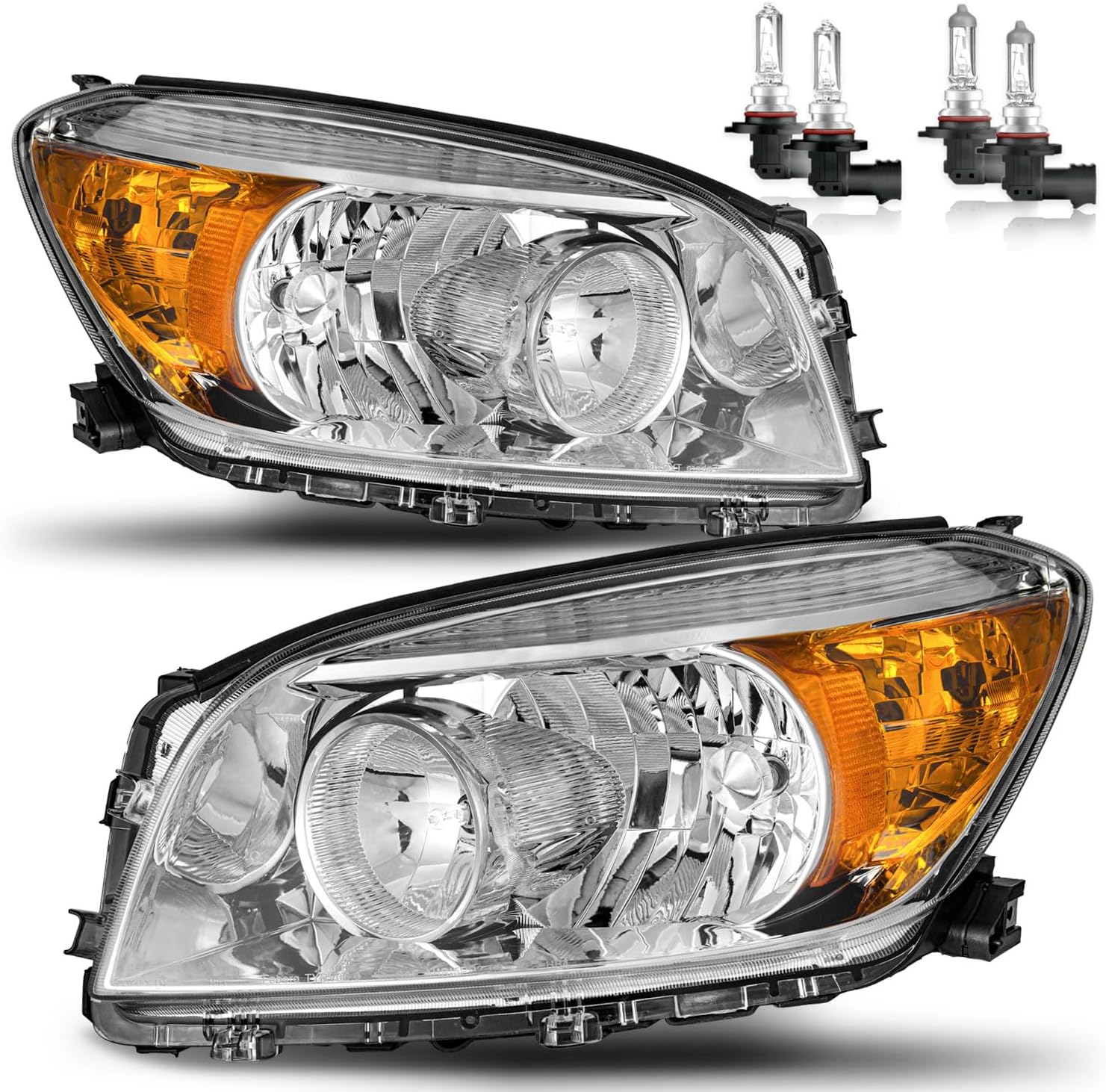 Headlights Assembly W/Bulbs for 2006 2007 2008 Toyota RAV4 Headlamp Replacement Chrome Housing Amber Reflector Driver & Passenger Side