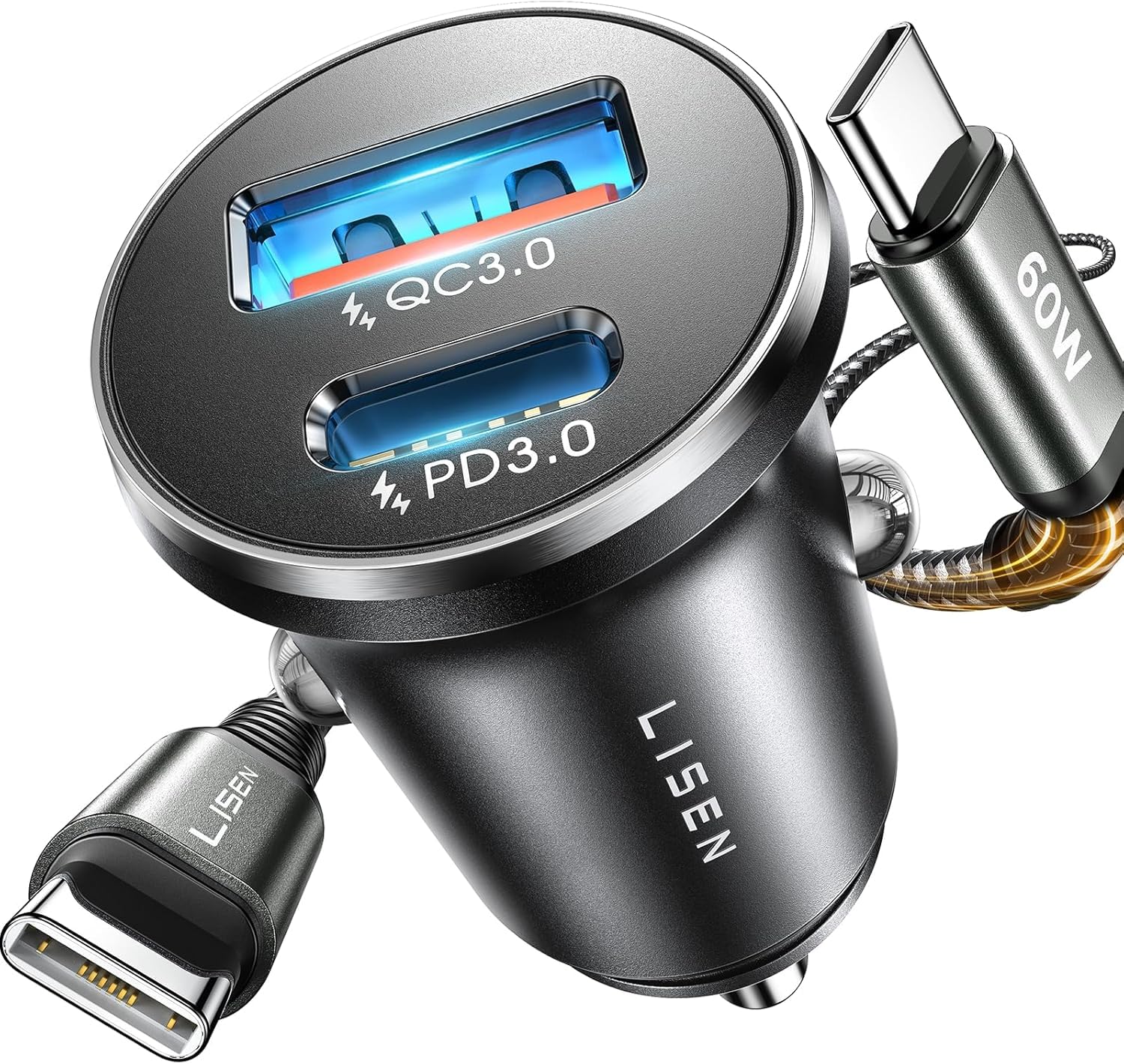 LISEN 54W Zigarettenanzünder USB C PD&QC3.0 12V USB Adapter Auto Ladegerät mit 60W Kabel Metall USB Zigarettenanzünder Adapter KFZ Ladegerät USB C für iPhone 17 Pro Max Air 16 iPad