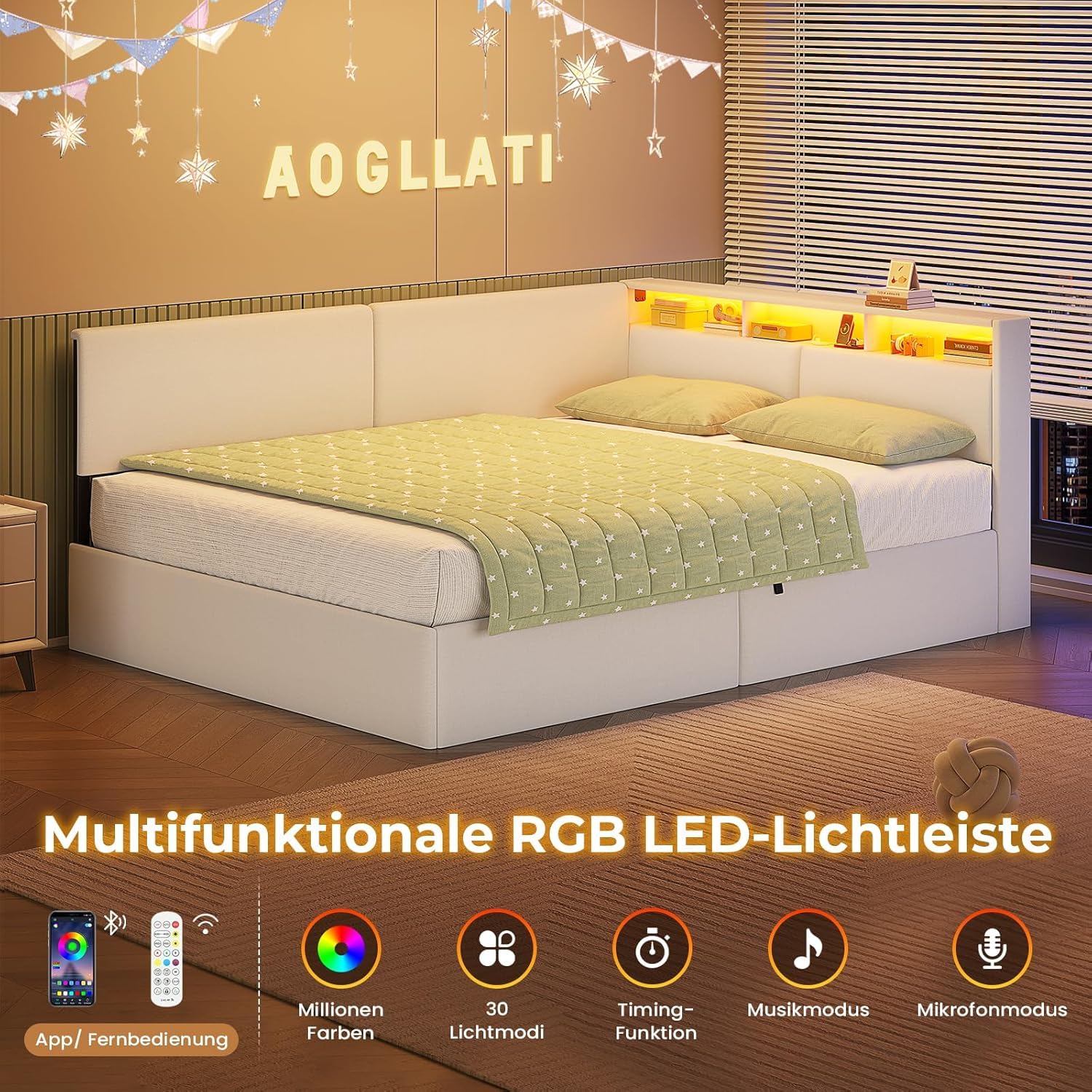 AOGLLATI Canapé 140x200 cm con Almacenamiento Hidráulico, Sofá Cama Matrimonio con Cabecero Tapizado y Luz LED Regulable, Estructura Camas Matrimoniales con Estación de Carga, Cama Juvenil, Beige
