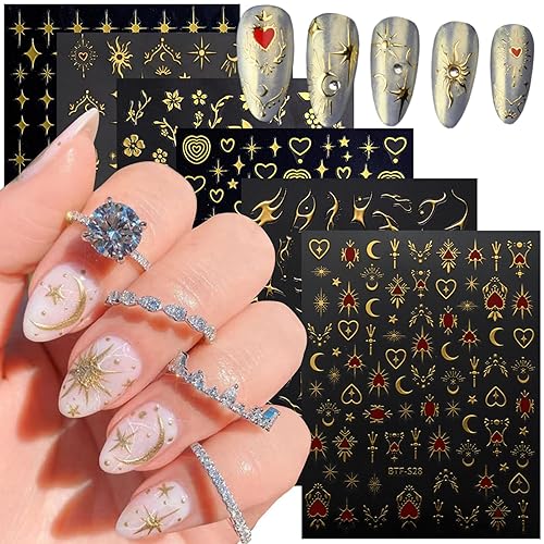 Miniatura 1 de Vezocim Calcomanías de arte de uñas doradas, diseño de sol, luna, estrellas, línea de corazón, flores, calcomanías autoadhesivas para uñas,