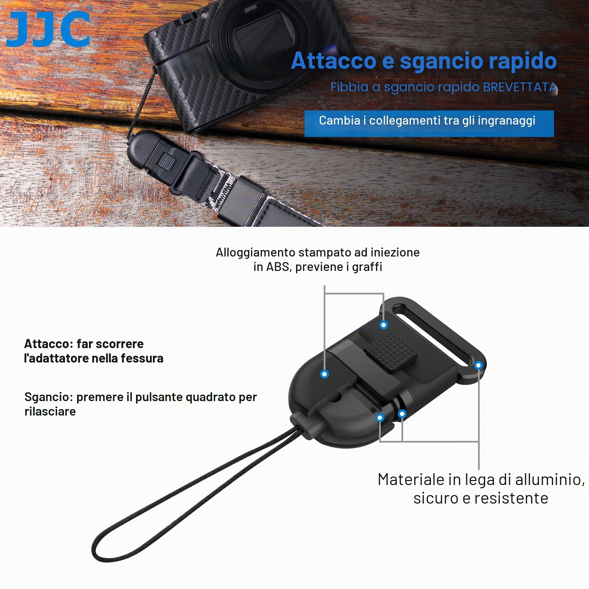 JJC Cinturino da polso Deluxe a sgancio rapido per fotocamera mirrorless e compatta, fotocamera compatta e ultra-compatta con occhiello a linguetta rotonda