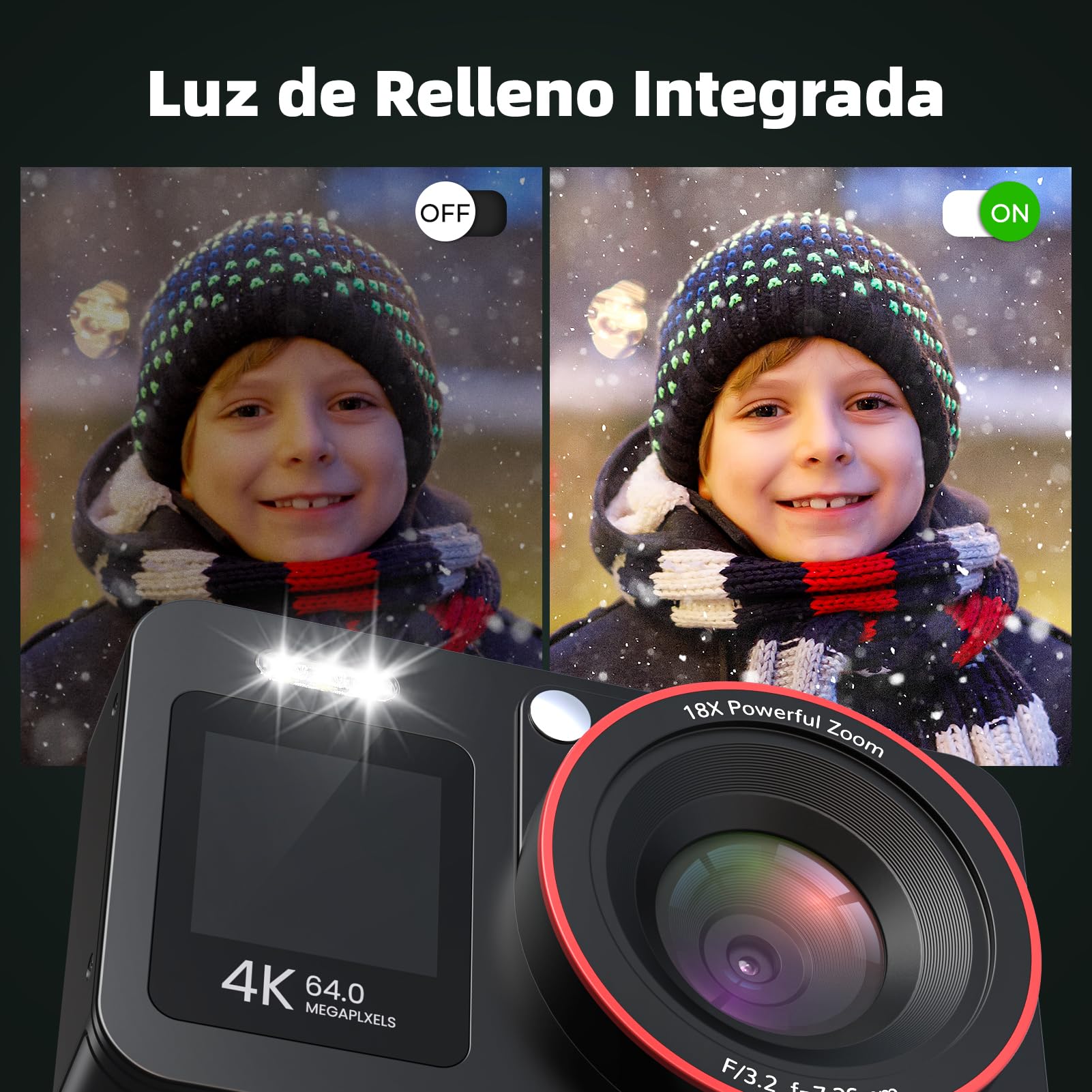 Cámara de Fotos Cámara Digital 4K 64MP, Cámara Digital Zoom 18X, Cámara Compacta con Tarjeta de 64GB y 2 Baterías, Recargable Compacta Portátil Cámara para Niños Principiantes, Negro