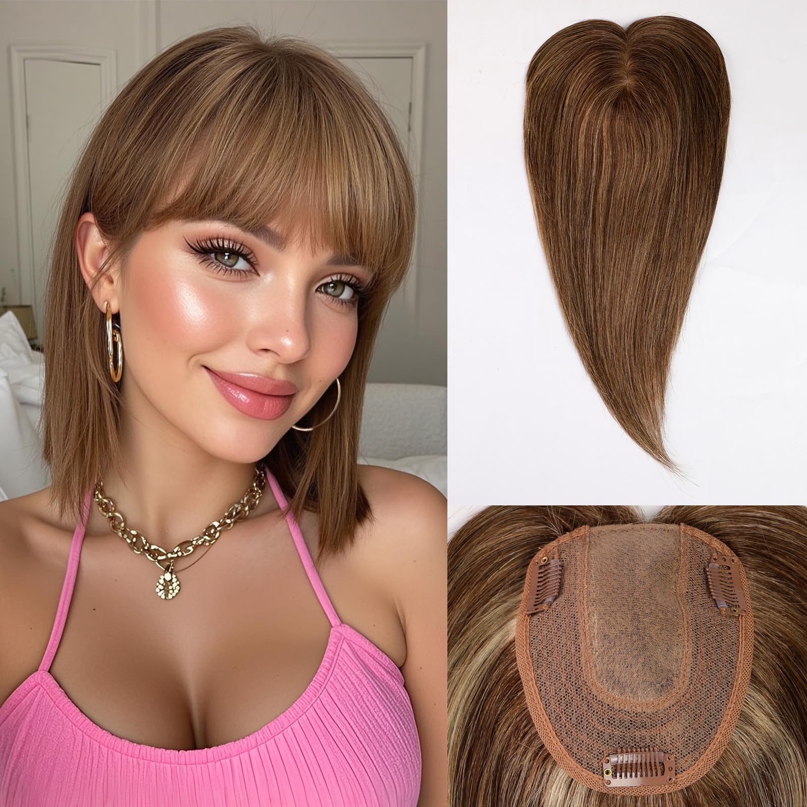starluck Hair Toppers for Women Real Human Hair with Bangs 4.5"*5.5"Large Base 14 Inch 100% Real Human HairToppers for Women with ThinningHair(Light Brown)