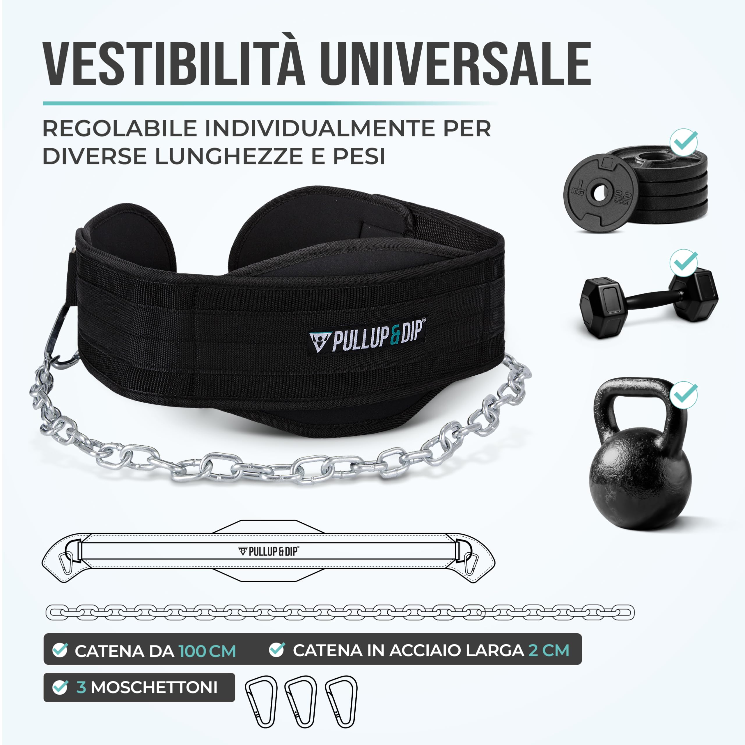 PULLUP & DIP Cintura Zavorra Cintura per Sollevamento Pesi per Aumentare la Muscolatura, Cintura per Dip con Catena d'Acciaio e 3x Moschettoni, Cintura Palestra per Calisthenics e Allenamento