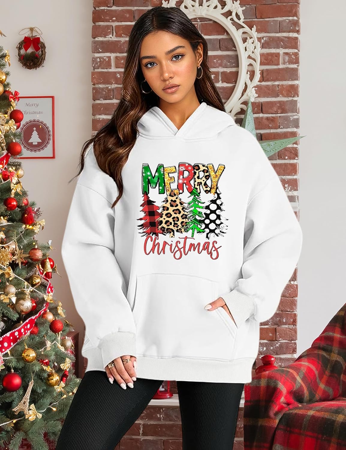 Christmas Sweatshirts for Women Merry Christmas Graphic Oversized Fleece Hoodies Xmas Holiday Sweater with Pocket - Image 2