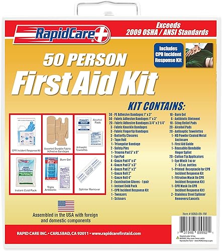 Rapid Care First Aid 8050-09-1M 50 personas OSHA ANSI 2009 Kit de primeros auxilios de metal, 230 piezas, montaje en pared, color blanco