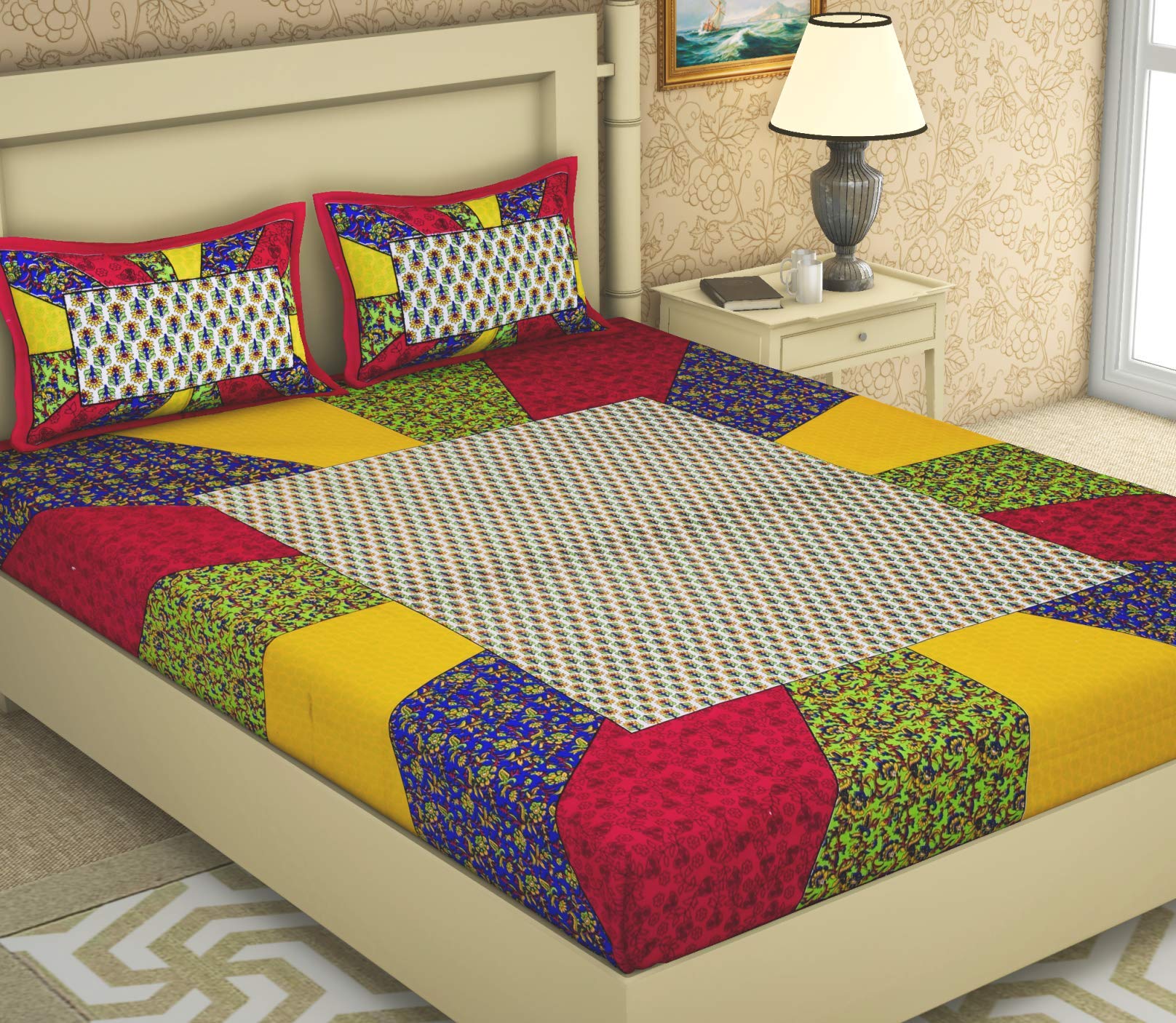 BedZone 144TC 100% Cotton Rajasthani Double Bedsheet with 2 Pillow Covers (90 X 100, Multi-Coloured)