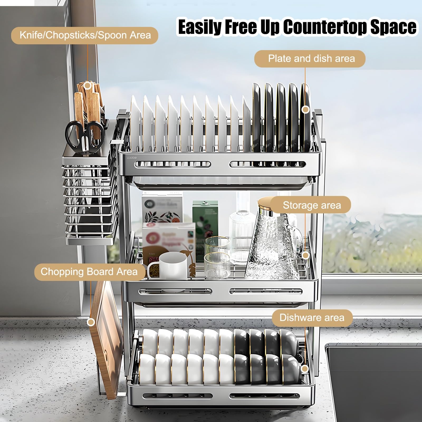 Edelstahl-Abtropfgestell, multifunktionaler Organizer für Teller und Schüsseln, platzsparendes Küchenspüle-Regal, langlebiges und stilvolles Design