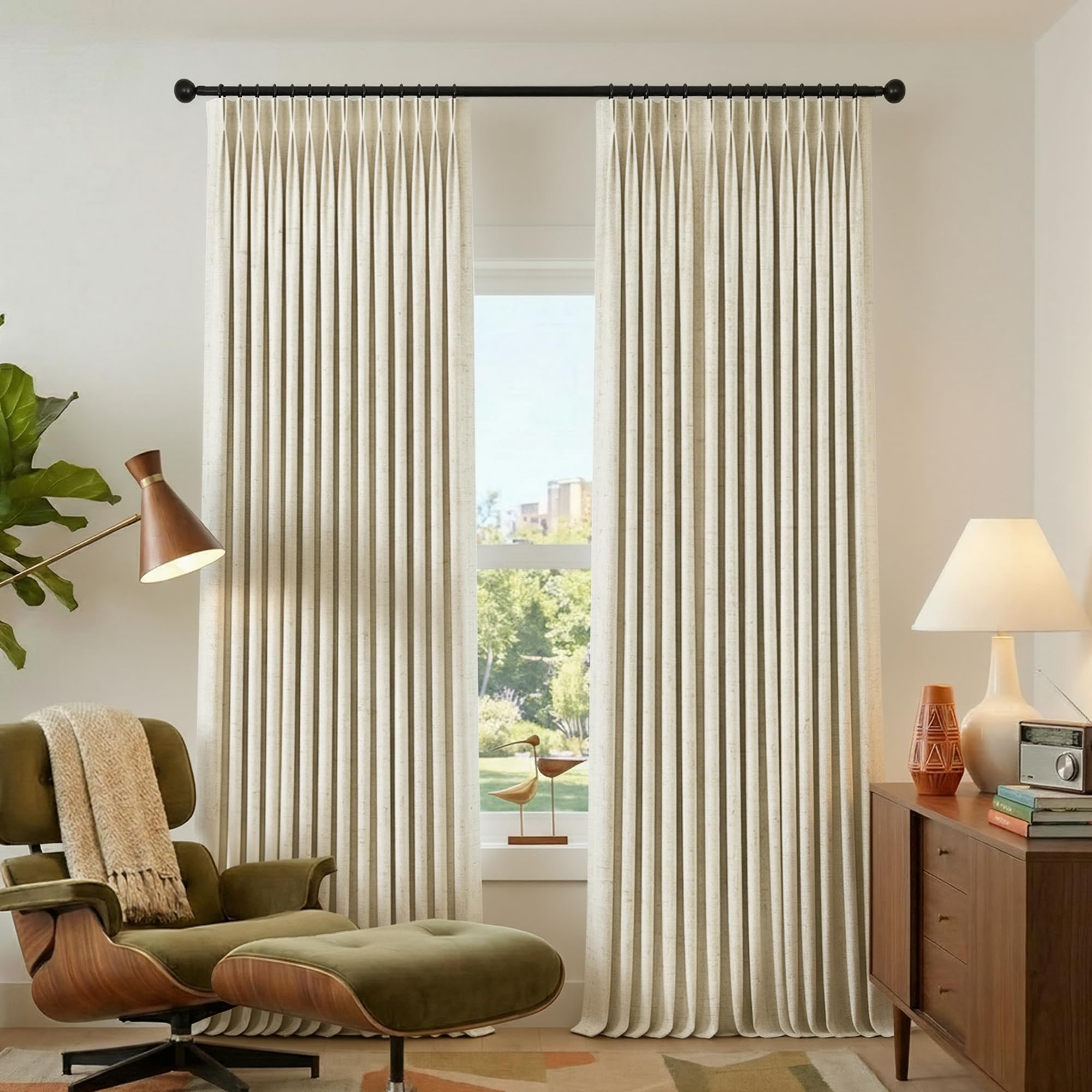 Tan Beige Linen Blackout Curtains 96 Inch Long 2 Panel Set, Warm Vanilla Almond Mid Century Modern Pinch Pleated Black Out Noise Reducing Drapes for