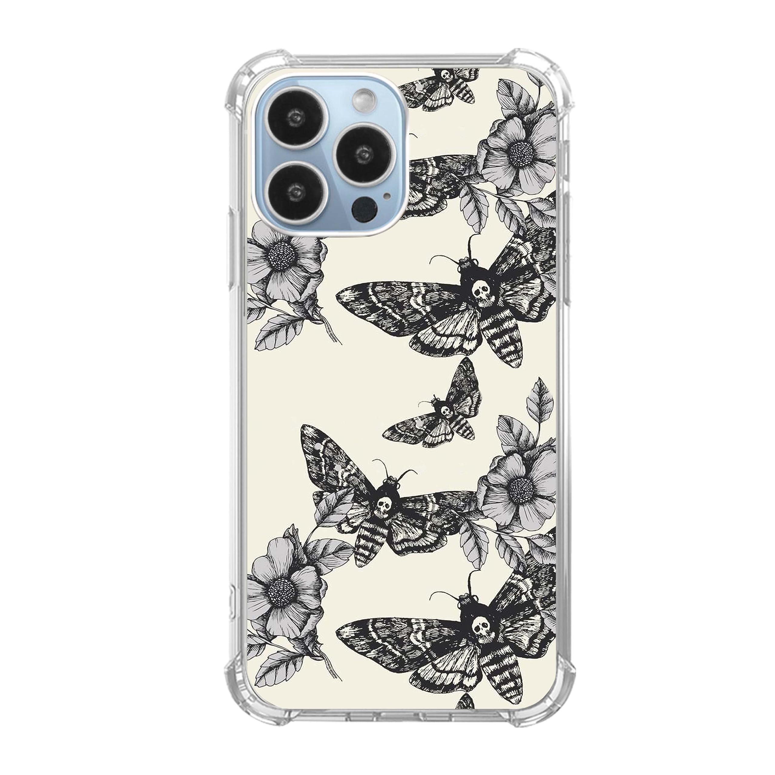 Yawheg Moth Death Skull Flowers Phone Case Compatible with iPhone 13 Pro Max, Moth Insect Pattern Gothic Cover for Teens Women Men, Slim Soft Flexible