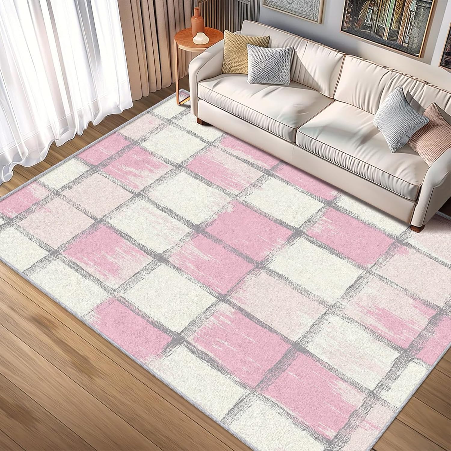 Amazon.com: Washable 5x5 Plaid Rug Living Room, Modern Abstract ...